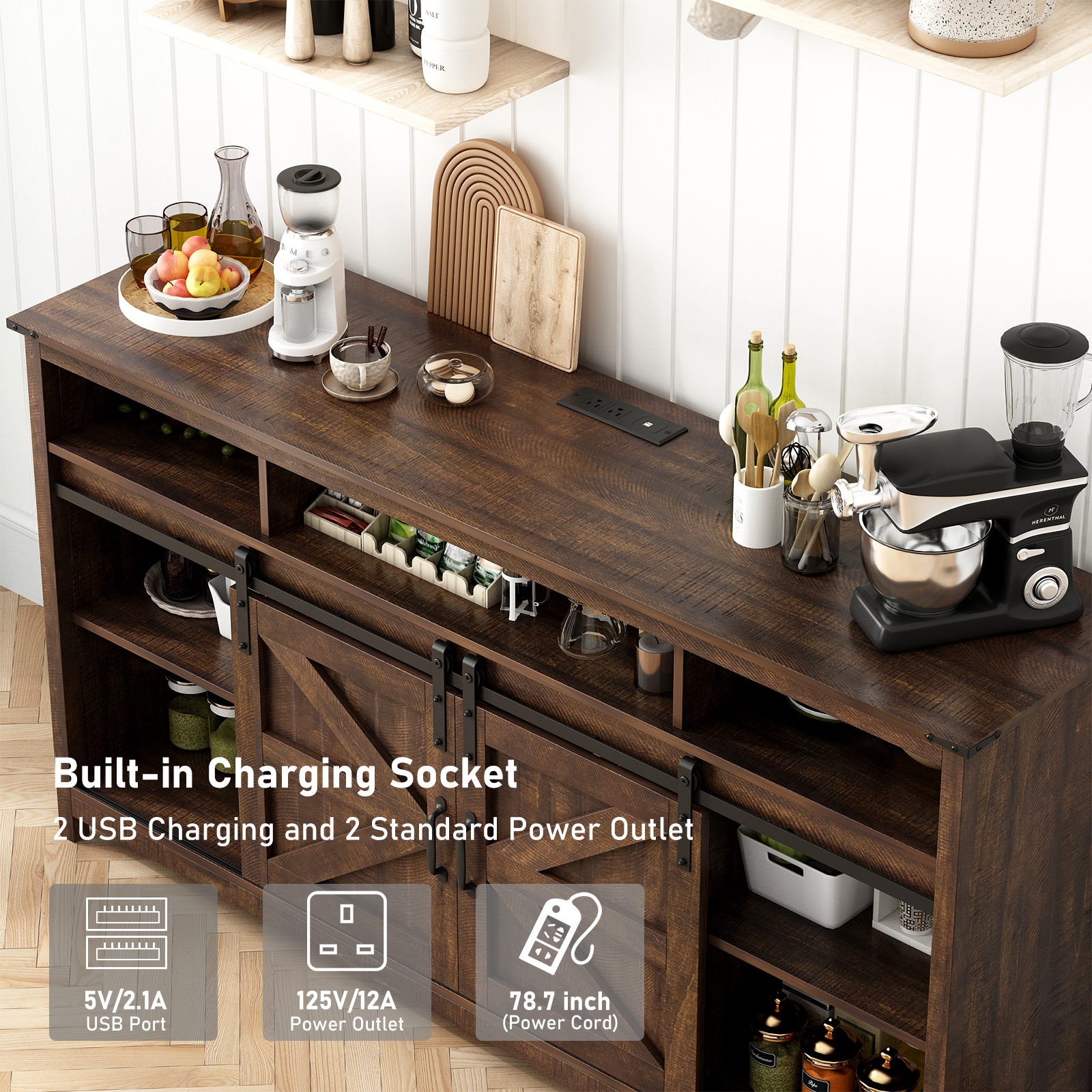 ChVans Farmhouse Barn Door Led Coffee Bar Cabinet with Power Outlet, Kitchen Sideboard Buffet Cabinet with 3 Open Storage & Adjustable Shelves for Dining Living Room, Brown