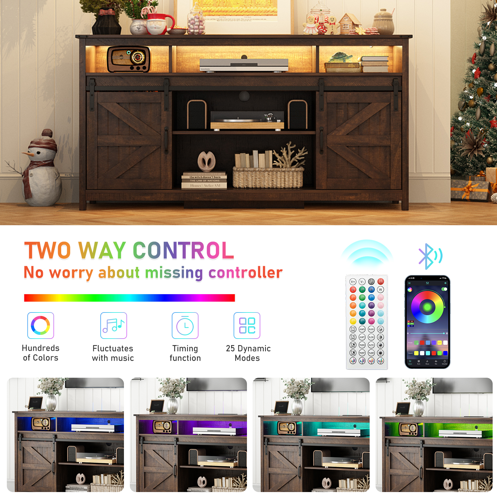 ChVans Farmhouse Barn Door Led Coffee Bar Cabinet with Power Outlet, Kitchen Sideboard Buffet Cabinet with 3 Open Storage & Adjustable Shelves for Dining Living Room, Brown