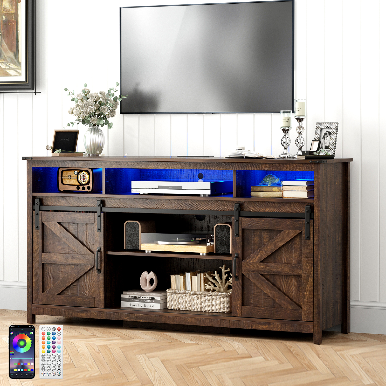 ChVans Farmhouse Barn Door Led Coffee Bar Cabinet with Power Outlet, Kitchen Sideboard Buffet Cabinet with 3 Open Storage & Adjustable Shelves for Dining Living Room, Brown