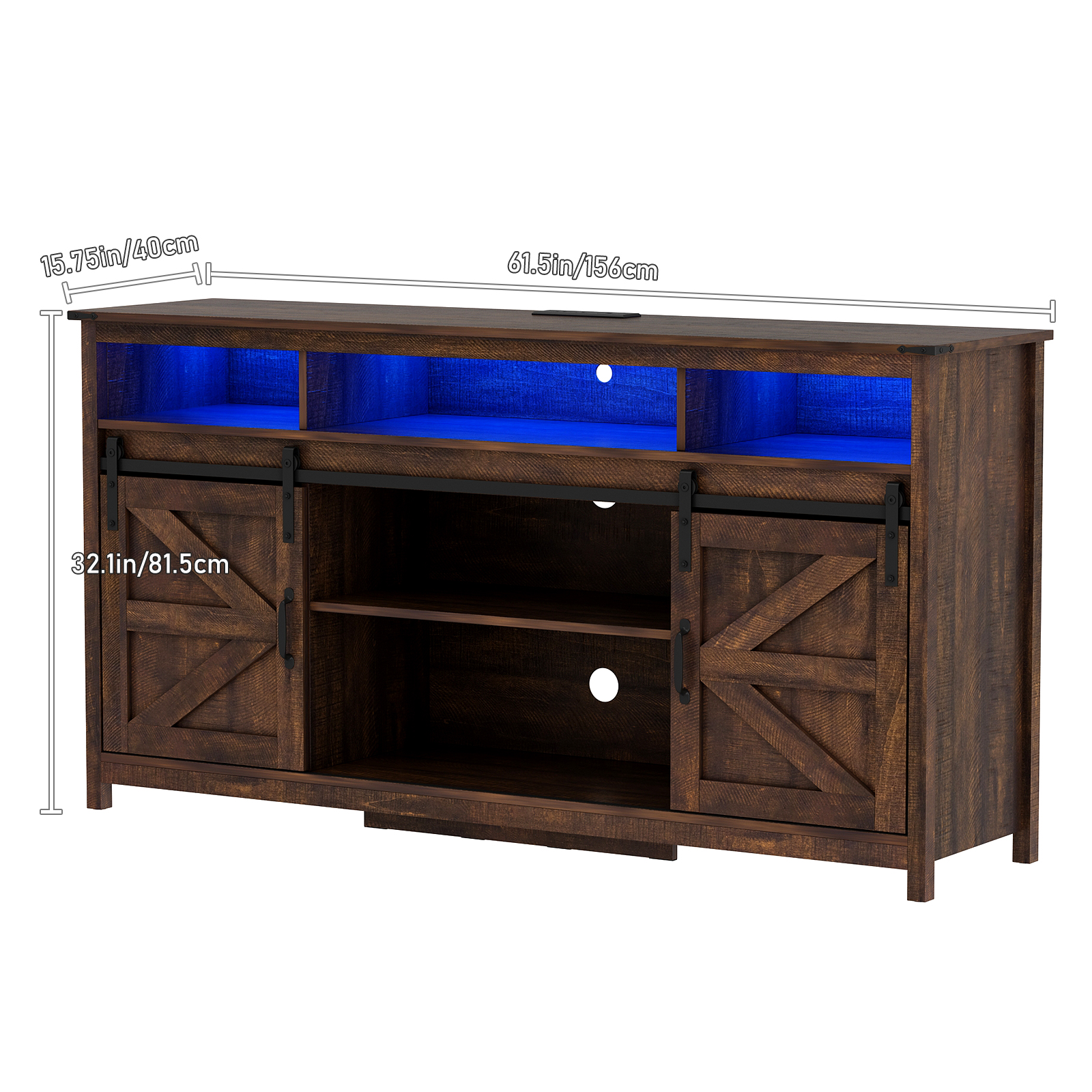 ChVans Farmhouse Barn Door Led Coffee Bar Cabinet with Power Outlet, Kitchen Sideboard Buffet Cabinet with 3 Open Storage & Adjustable Shelves for Dining Living Room, Brown