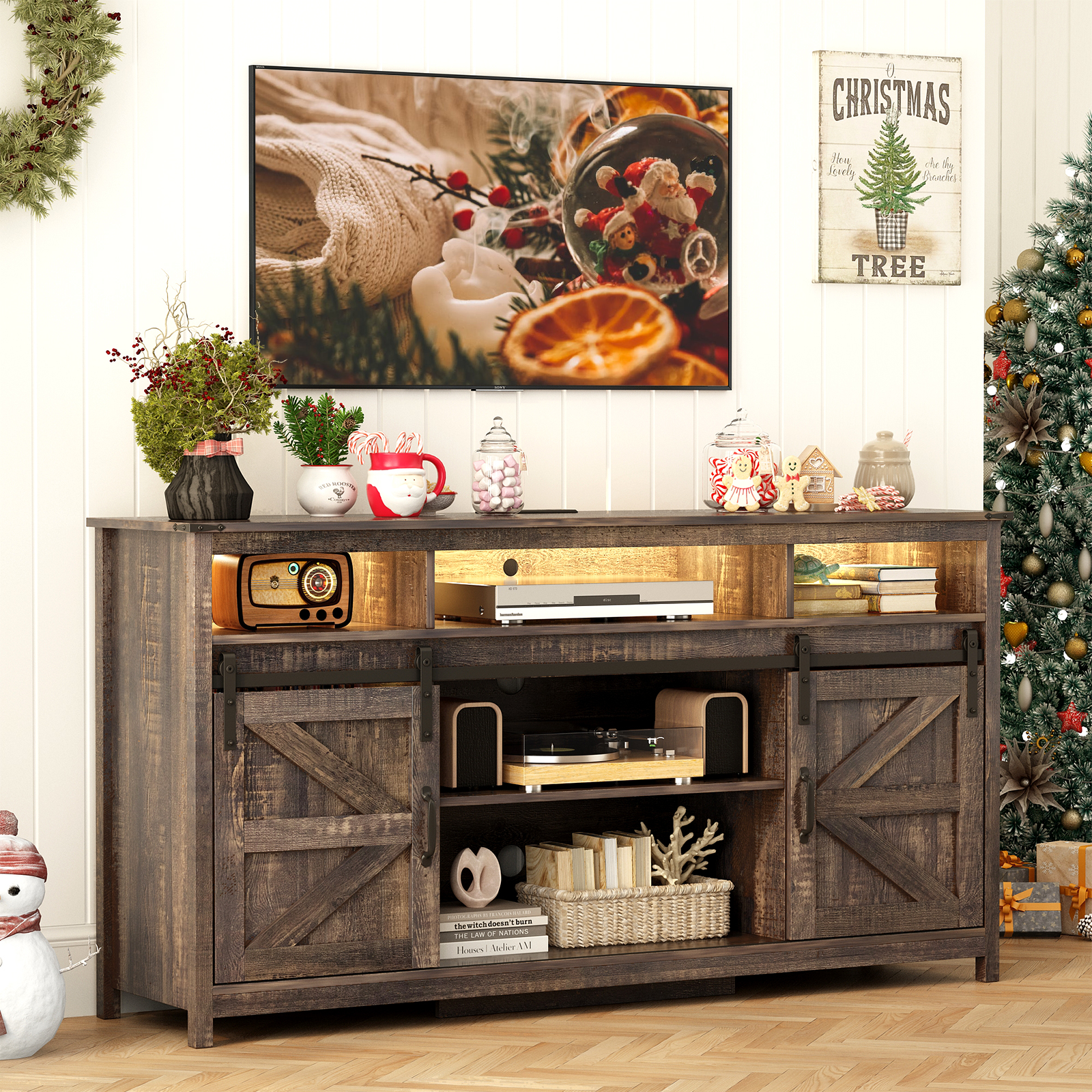 ChVans Farmhouse Barn Door Led Coffee Bar Cabinet with Power Outlet, Kitchen Sideboard Buffet Cabinet with 3 Open Storage & Adjustable Shelves for Dining Living Room, Brown