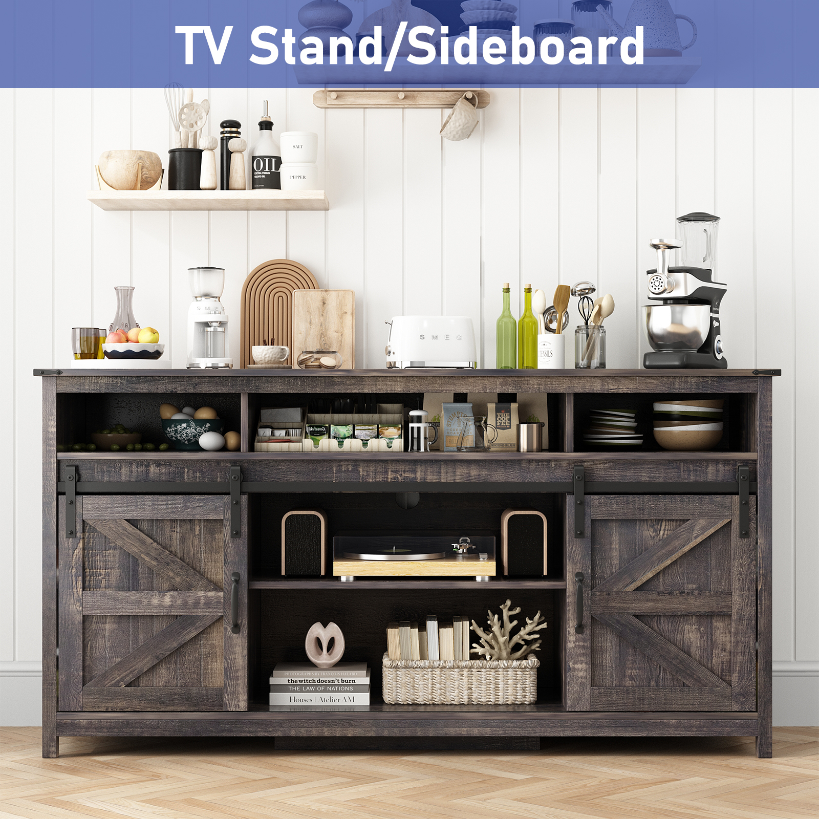 ChVans Farmhouse Barn Door Led Coffee Bar Cabinet with Power Outlet, Kitchen Sideboard Buffet Cabinet with 3 Open Storage & Adjustable Shelves for Dining Living Room, Brown