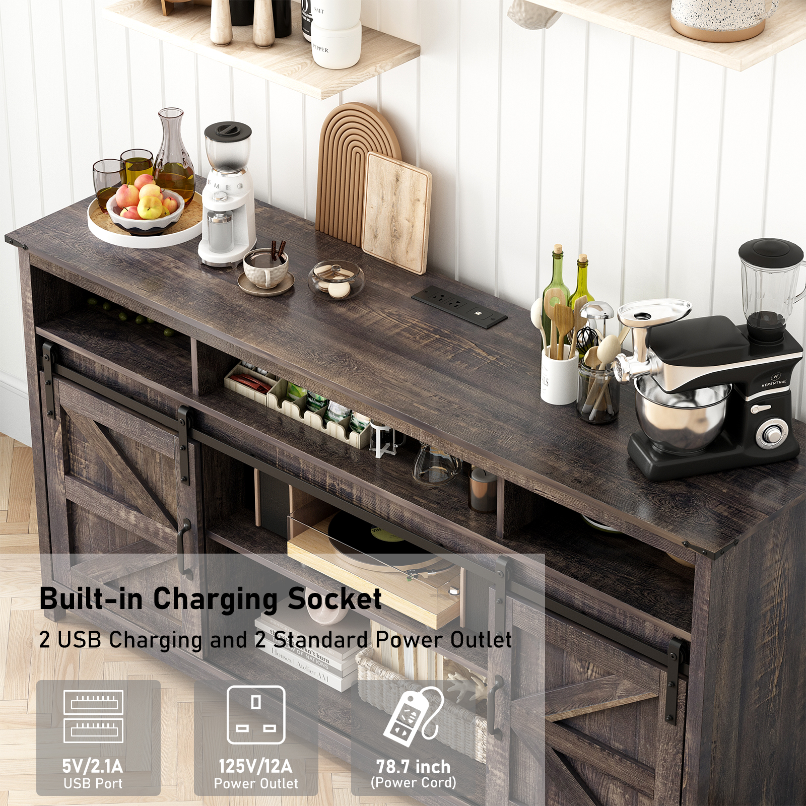 ChVans Farmhouse Barn Door Led Coffee Bar Cabinet with Power Outlet, Kitchen Sideboard Buffet Cabinet with 3 Open Storage & Adjustable Shelves for Dining Living Room, Brown