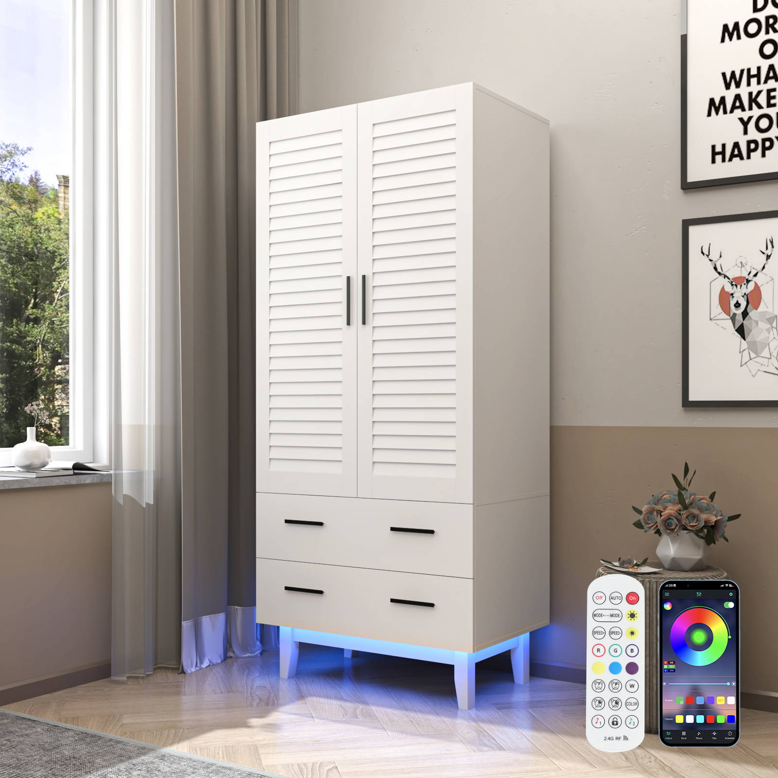 Blotout 70” Tall Armoire Wardrobe with LED Lights & 2 Drawers , 2 Door Wood Wardrobe Armoire with Multi-Layer Shelves & Hanging Rod, Large Capacity Storage Cabinet w/Louver Doors, Black