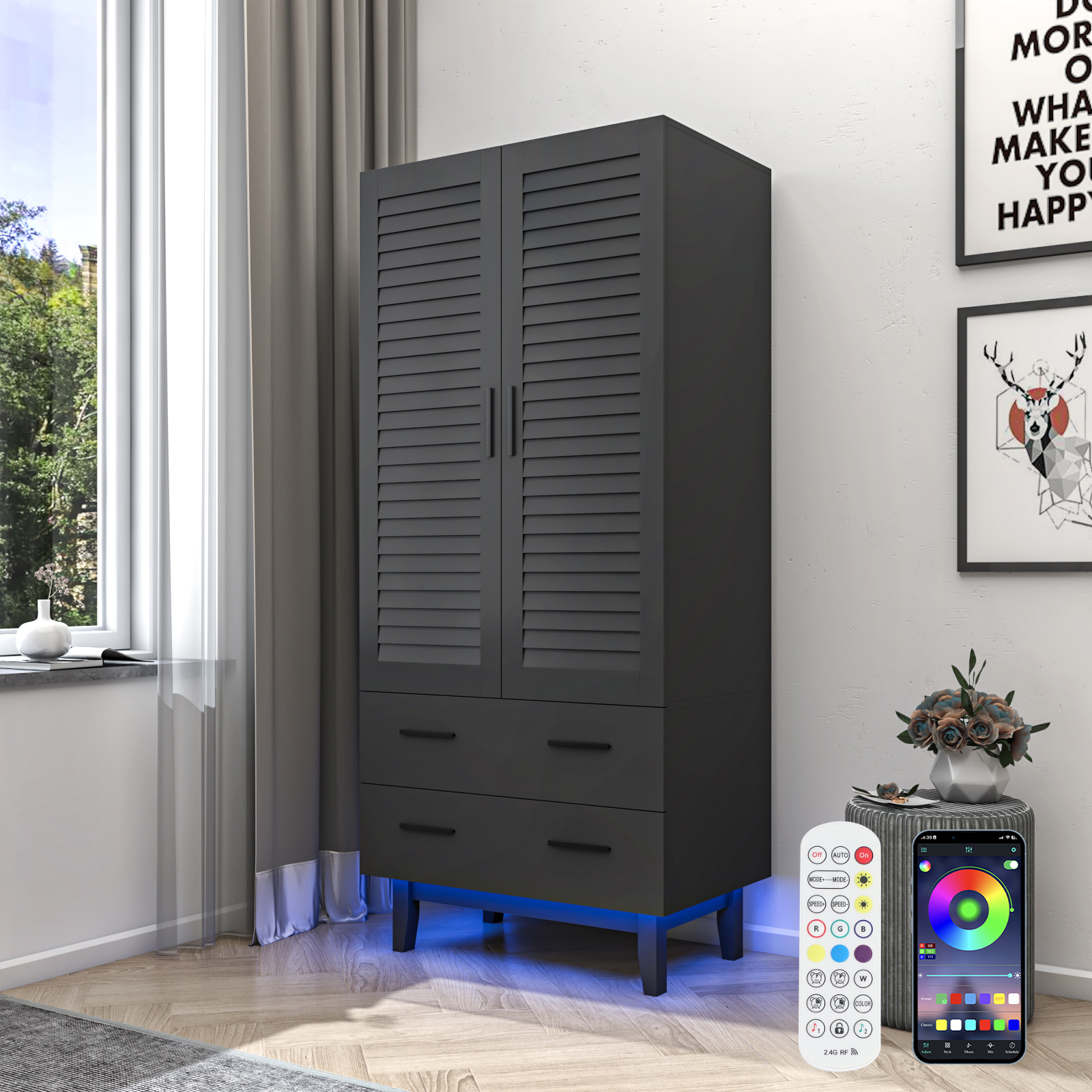 ChVans 71" Tall Armoire Wardrobe with Mirror & LED Lights , 4 Door Wood Wardrobe Armoire with 2 Large Drawers & Multi-Layer Shelves and Hanging Rod, Large Capacity Louver Storage Cabinet, Black