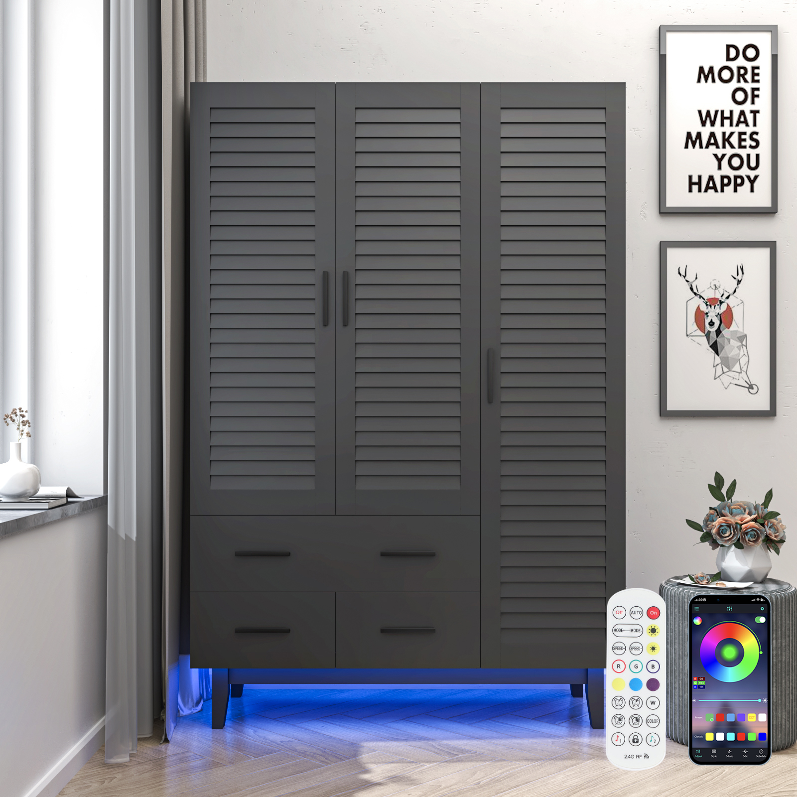 ChVans 71" Tall Armoire Wardrobe with Mirror & LED Lights , 4 Door Wood Wardrobe Armoire with 2 Large Drawers & Multi-Layer Shelves and Hanging Rod, Large Capacity Louver Storage Cabinet, Black