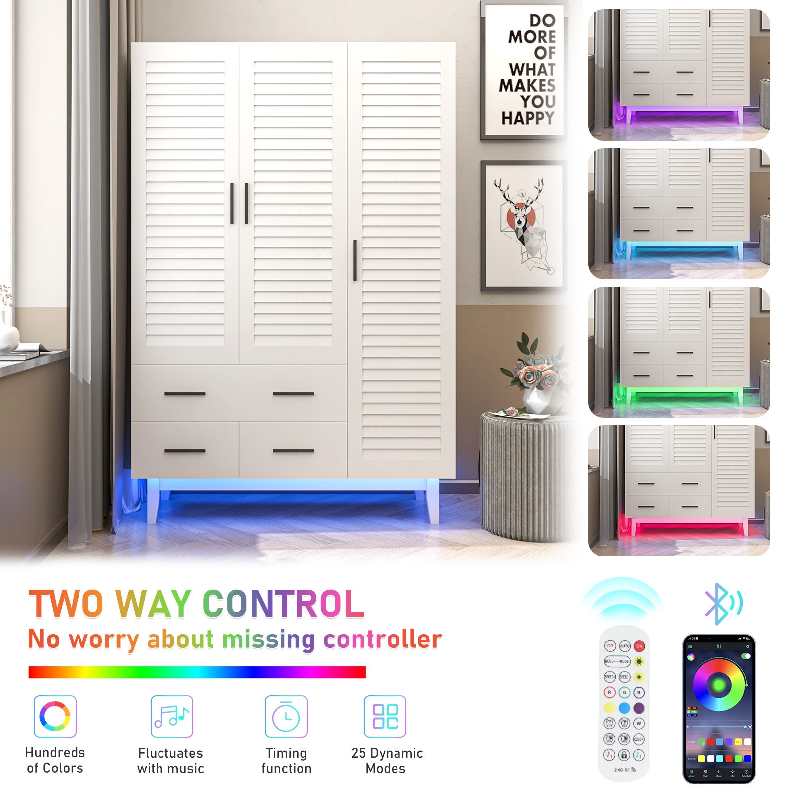 ANPOO 3 Doors Armoire Wardrobe Closet with LED Lights,70.9" White Louver Door Wardrobe Armoire with 3 Drawers,LED Large Armoire Storage with Hanging Rods&Multi-Layer Shelves