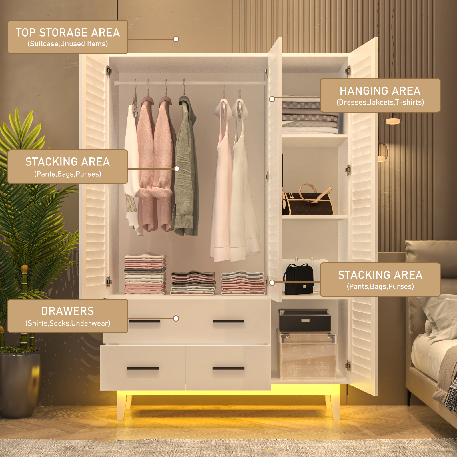 ANPOO 3 Doors Armoire Wardrobe Closet with LED Lights,70.9" White Louver Door Wardrobe Armoire with 3 Drawers,LED Large Armoire Storage with Hanging Rods&Multi-Layer Shelves