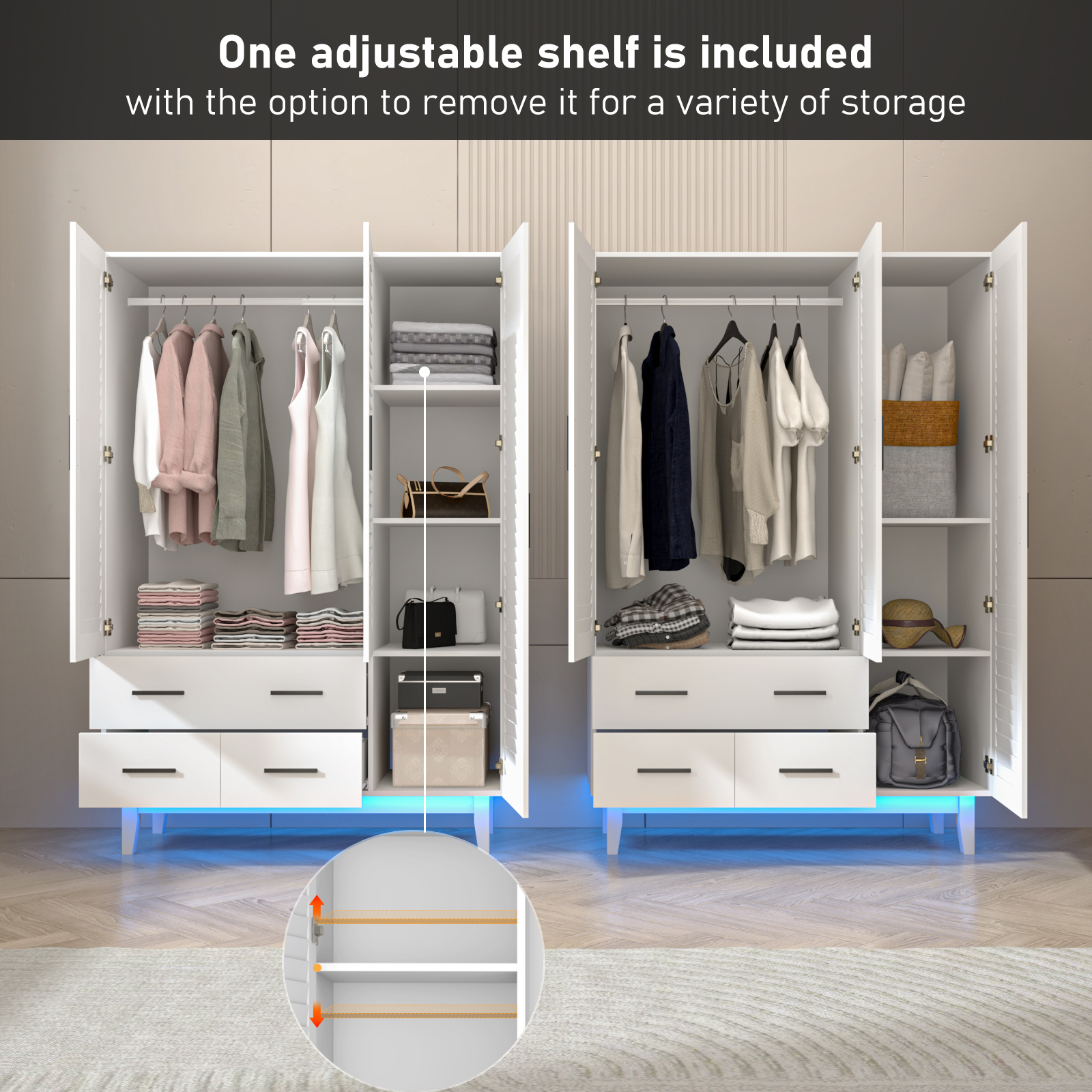 ANPOO 3 Doors Armoire Wardrobe Closet with LED Lights,70.9" White Louver Door Wardrobe Armoire with 3 Drawers,LED Large Armoire Storage with Hanging Rods&Multi-Layer Shelves