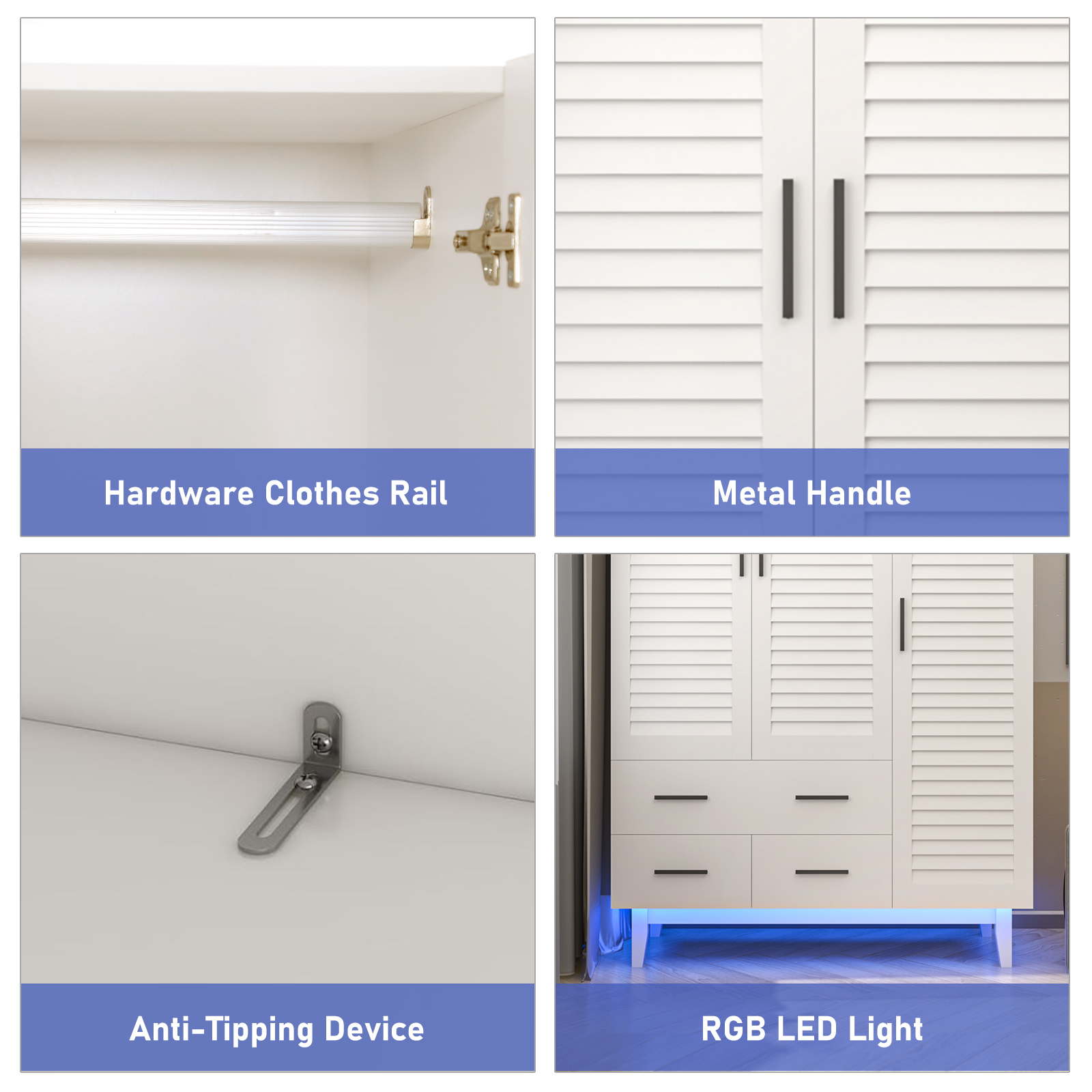 ANPOO 3 Doors Armoire Wardrobe Closet with LED Lights,70.9" White Louver Door Wardrobe Armoire with 3 Drawers,LED Large Armoire Storage with Hanging Rods&Multi-Layer Shelves