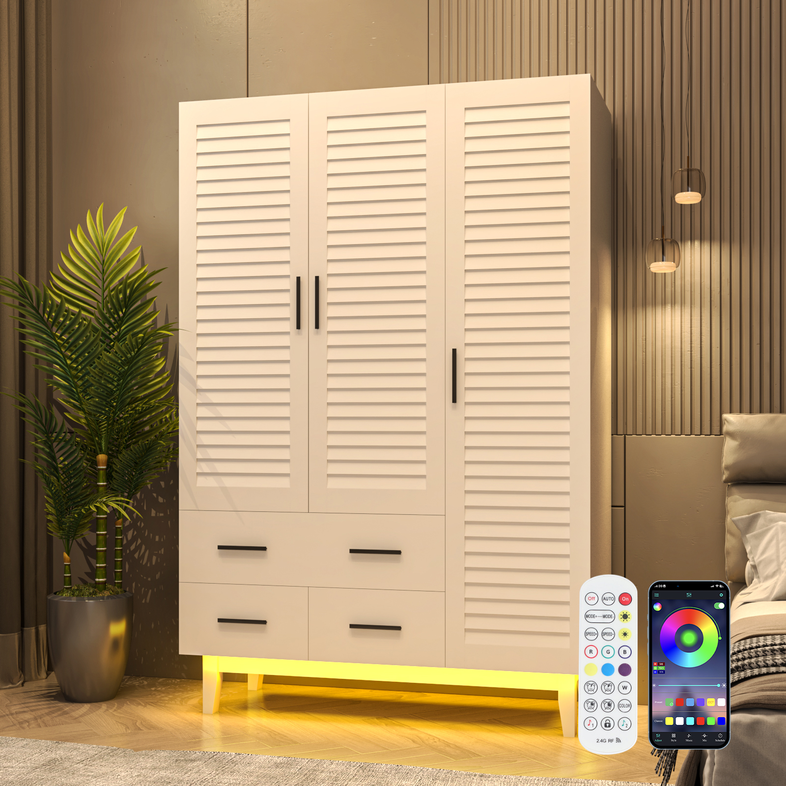 ANPOO 3 Doors Armoire Wardrobe Closet with LED Lights,70.9" White Louver Door Wardrobe Armoire with 3 Drawers,LED Large Armoire Storage with Hanging Rods&Multi-Layer Shelves