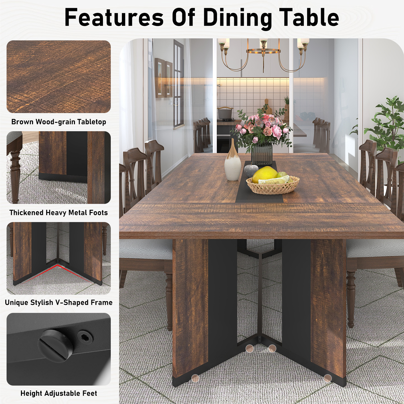 78 inch Large Rectangular Dining Table for 8-10 People, Dining Table with Marble-Color Wood Waterproof Tabletop and Adjustable Leg, 6.5ft Luxurious Family Dinner Table for Office Kitchen Living Room