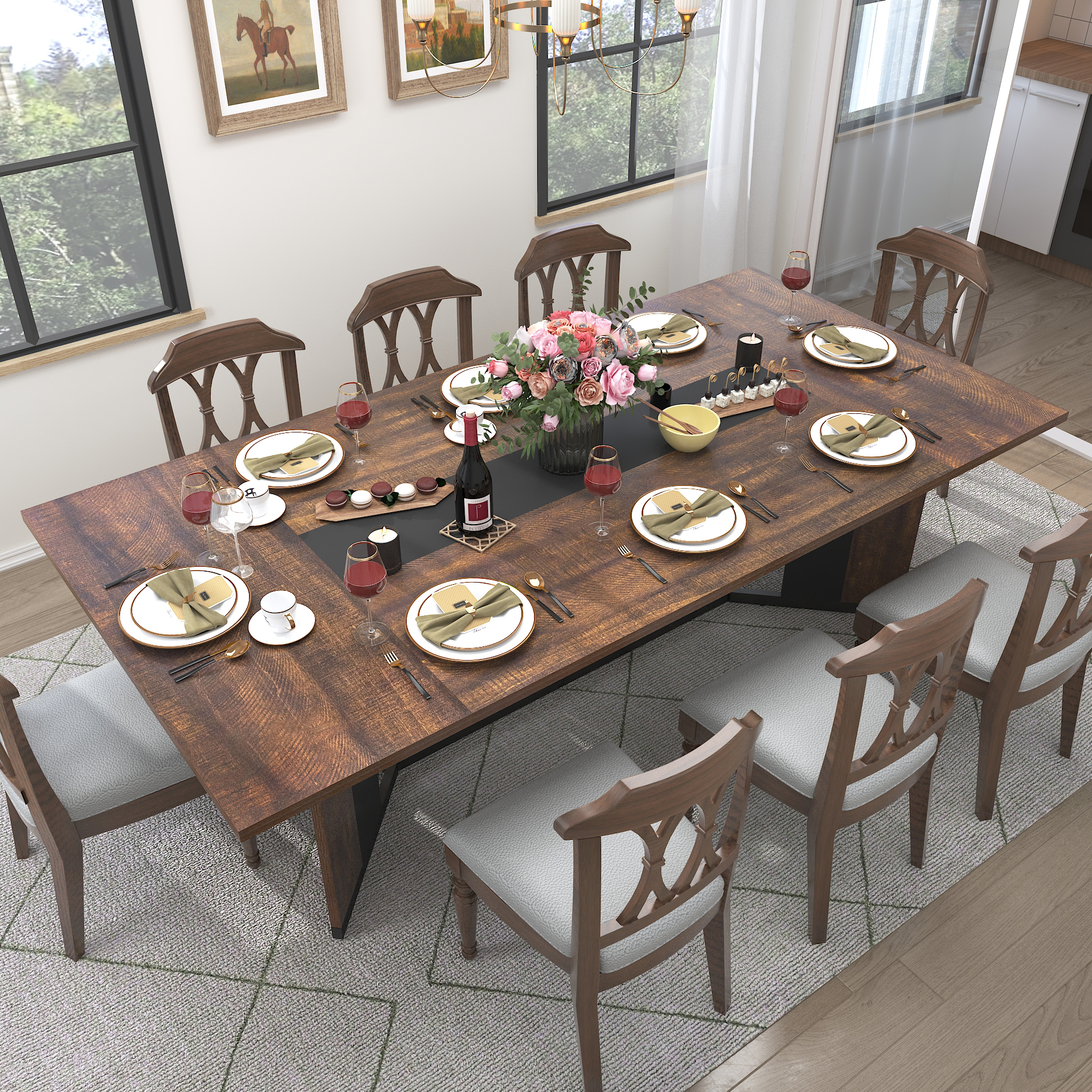 78 inch Large Rectangular Dining Table for 8-10 People, Dining Table with Marble-Color Wood Waterproof Tabletop and Adjustable Leg, 6.5ft Luxurious Family Dinner Table for Office Kitchen Living Room