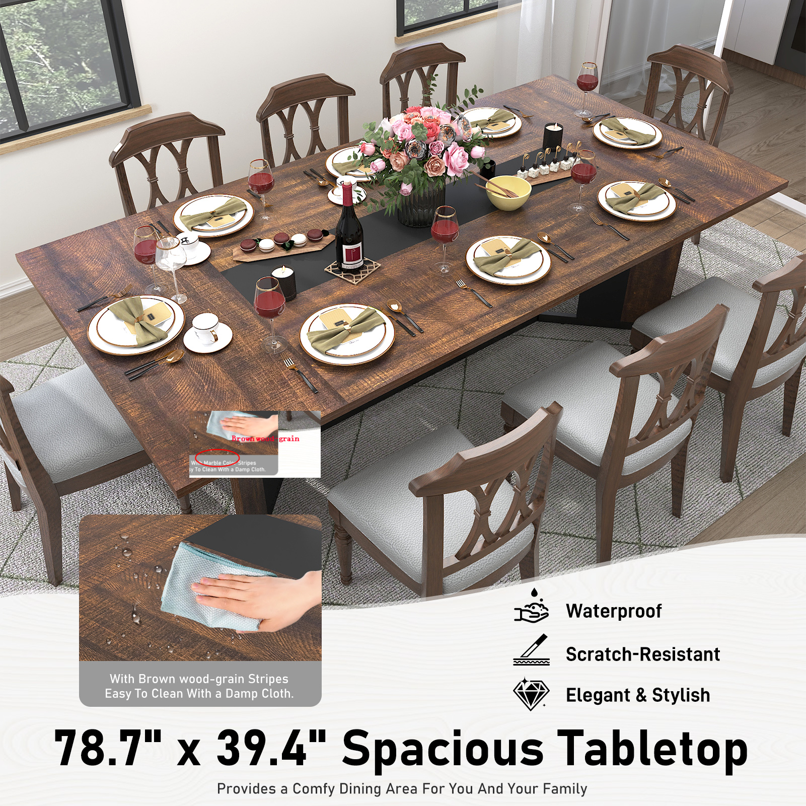 78 inch Large Rectangular Dining Table for 8-10 People, Dining Table with Marble-Color Wood Waterproof Tabletop and Adjustable Leg, 6.5ft Luxurious Family Dinner Table for Office Kitchen Living Room