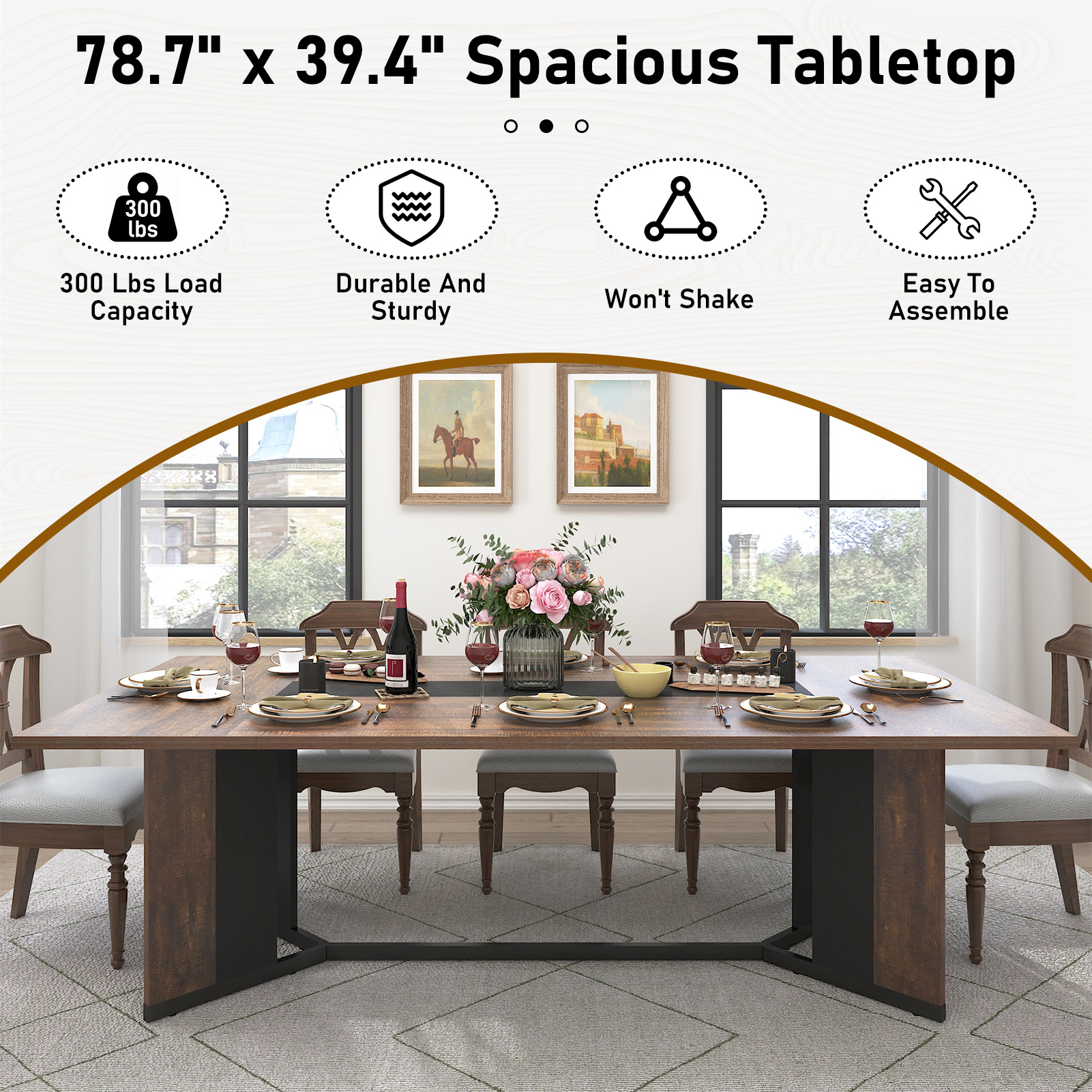 78 inch Large Rectangular Dining Table for 8-10 People, Dining Table with Marble-Color Wood Waterproof Tabletop and Adjustable Leg, 6.5ft Luxurious Family Dinner Table for Office Kitchen Living Room