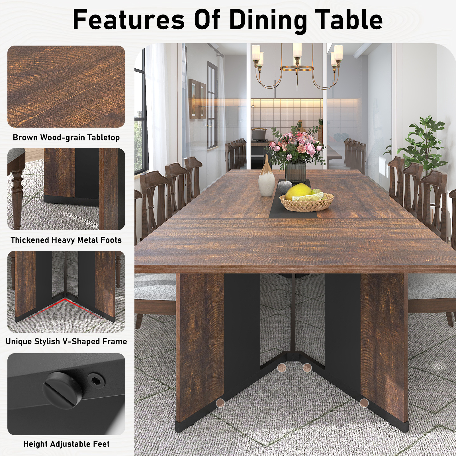 78 inch Large Rectangular Dining Table for 8-10 People, Dining Table with Marble-Color Wood Waterproof Tabletop and Adjustable Leg, 6.5ft Luxurious Family Dinner Table for Office Kitchen Living Room