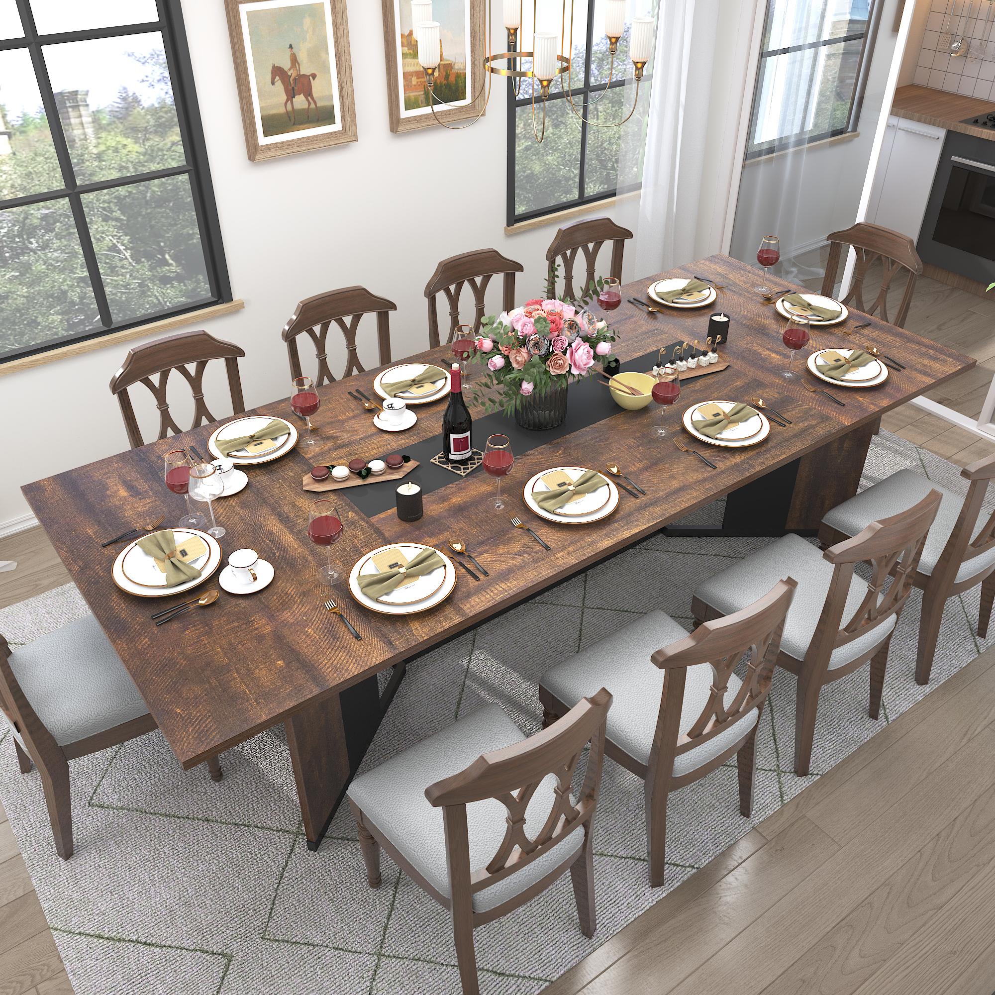 78 inch Large Rectangular Dining Table for 8-10 People, Dining Table with Marble-Color Wood Waterproof Tabletop and Adjustable Leg, 6.5ft Luxurious Family Dinner Table for Office Kitchen Living Room