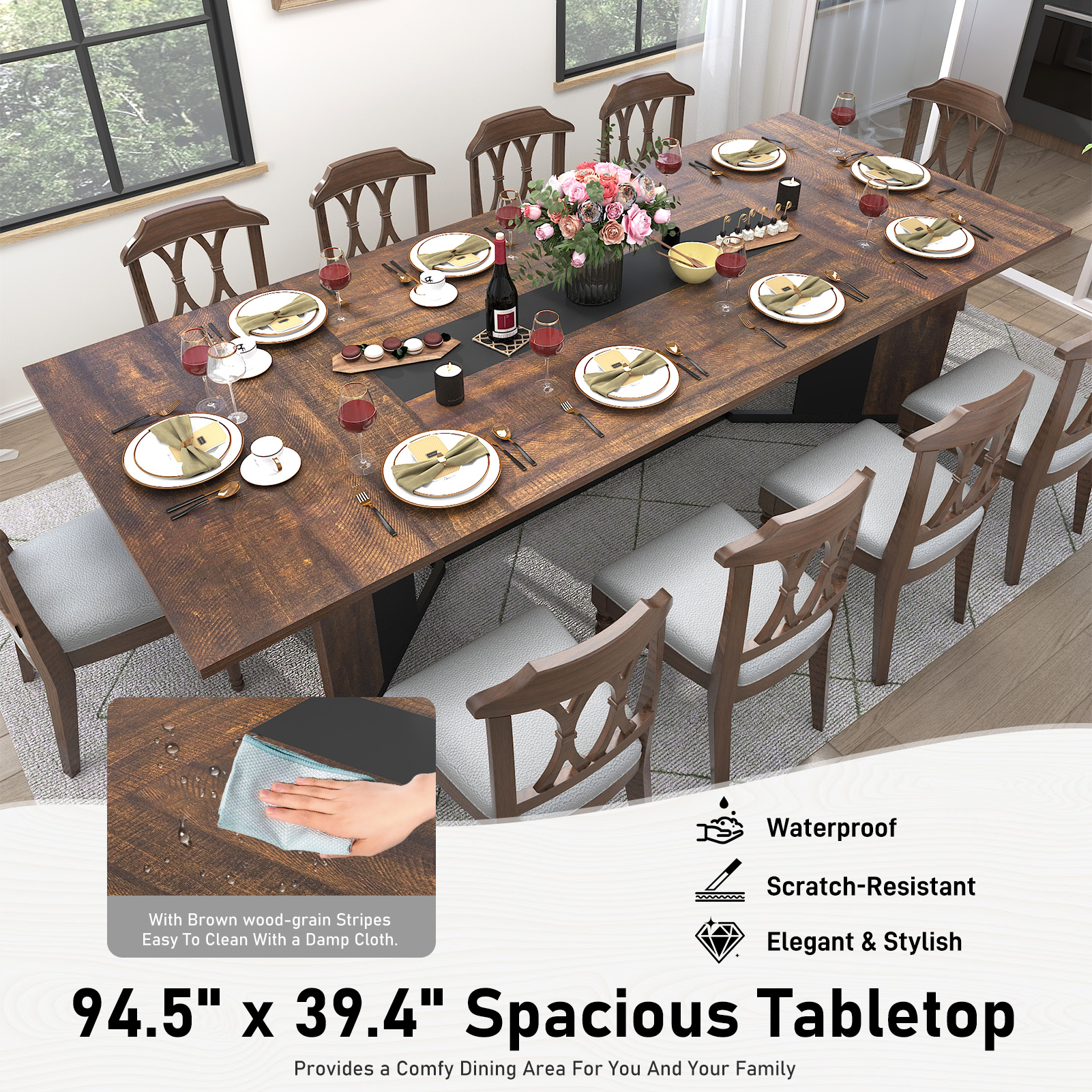 78 inch Large Rectangular Dining Table for 8-10 People, Dining Table with Marble-Color Wood Waterproof Tabletop and Adjustable Leg, 6.5ft Luxurious Family Dinner Table for Office Kitchen Living Room