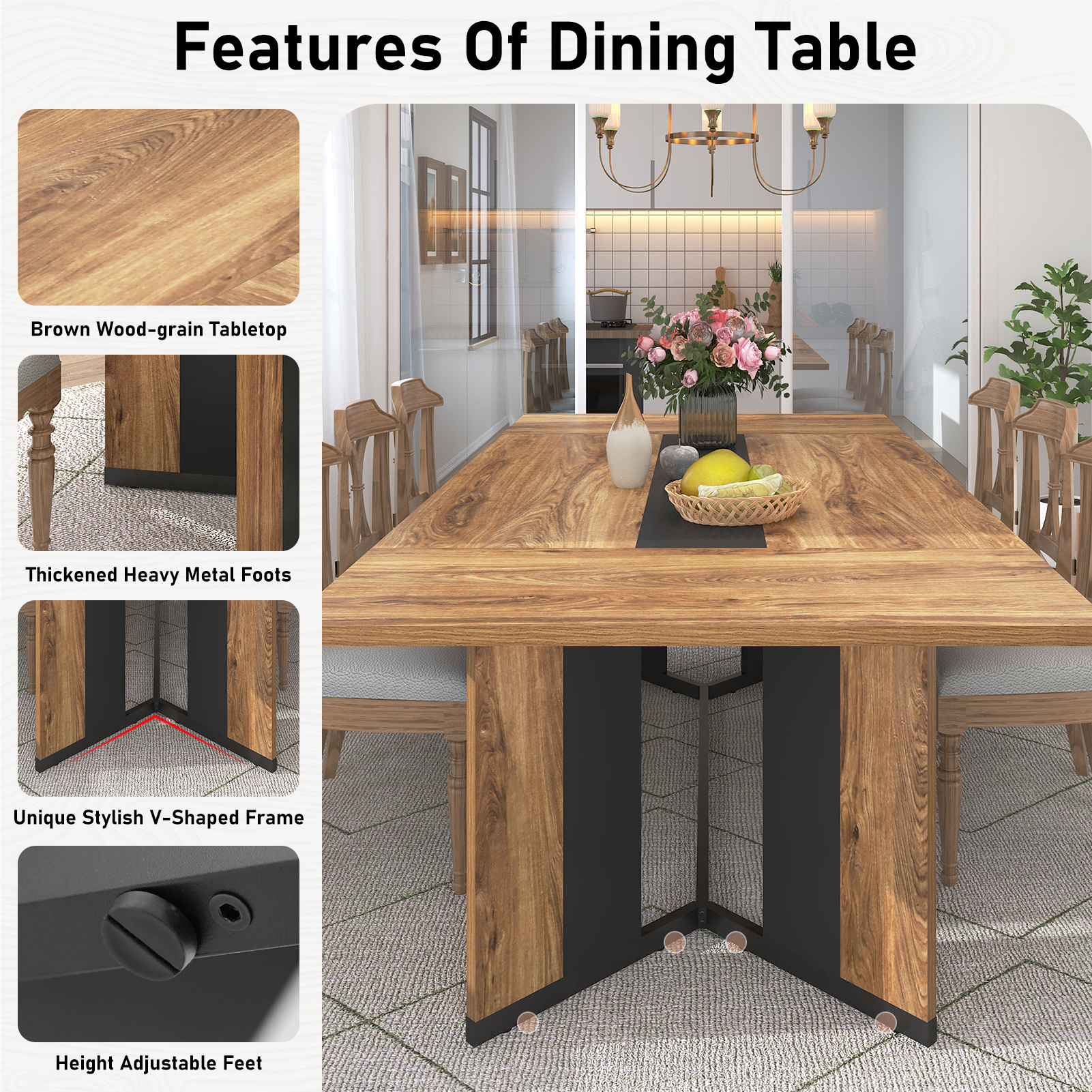 78 inch Large Rectangular Dining Table for 8-10 People, Dining Table with Marble-Color Wood Waterproof Tabletop and Adjustable Leg, 6.5ft Luxurious Family Dinner Table for Office Kitchen Living Room