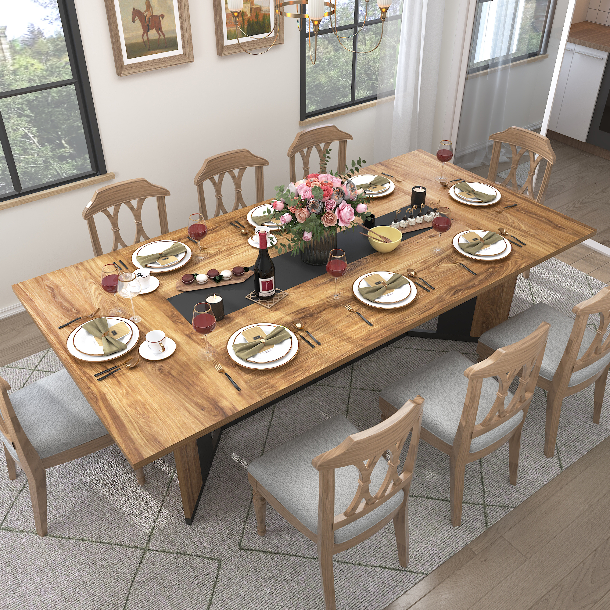 78 inch Large Rectangular Dining Table for 8-10 People, Dining Table with Marble-Color Wood Waterproof Tabletop and Adjustable Leg, 6.5ft Luxurious Family Dinner Table for Office Kitchen Living Room