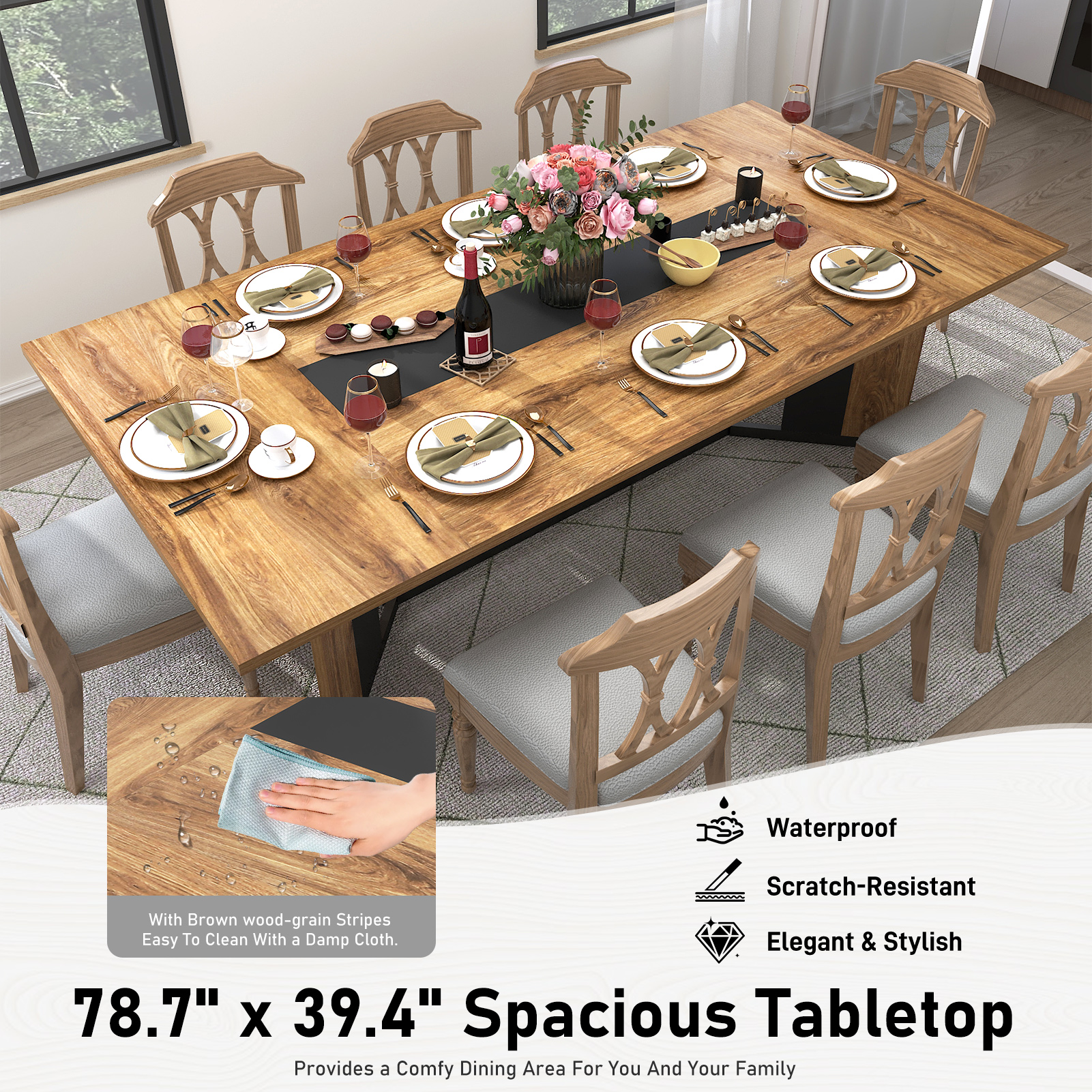 78 inch Large Rectangular Dining Table for 8-10 People, Dining Table with Marble-Color Wood Waterproof Tabletop and Adjustable Leg, 6.5ft Luxurious Family Dinner Table for Office Kitchen Living Room