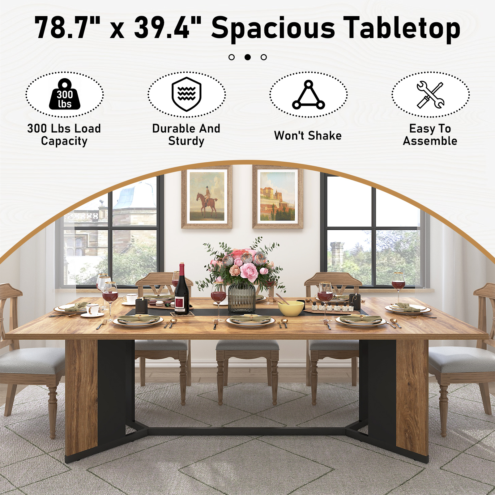 78 inch Large Rectangular Dining Table for 8-10 People, Dining Table with Marble-Color Wood Waterproof Tabletop and Adjustable Leg, 6.5ft Luxurious Family Dinner Table for Office Kitchen Living Room