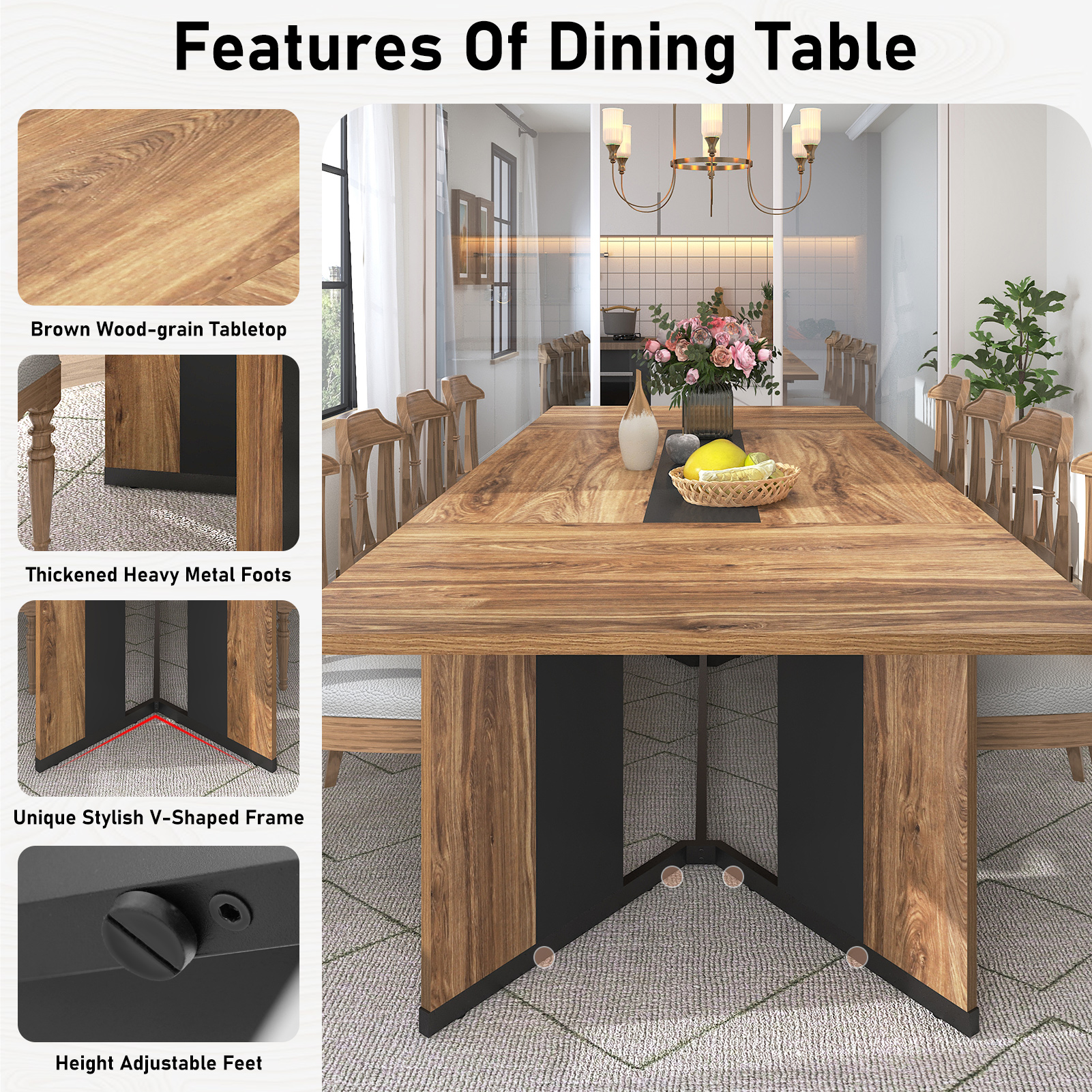 78 inch Large Rectangular Dining Table for 8-10 People, Dining Table with Marble-Color Wood Waterproof Tabletop and Adjustable Leg, 6.5ft Luxurious Family Dinner Table for Office Kitchen Living Room