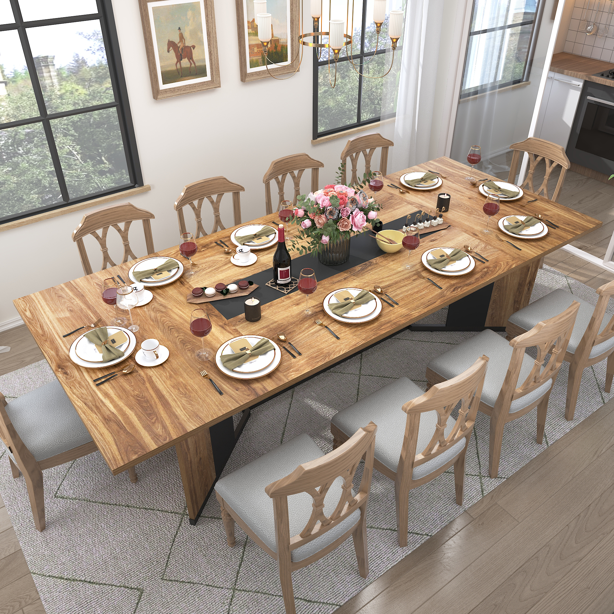 78 inch Large Rectangular Dining Table for 8-10 People, Dining Table with Marble-Color Wood Waterproof Tabletop and Adjustable Leg, 6.5ft Luxurious Family Dinner Table for Office Kitchen Living Room