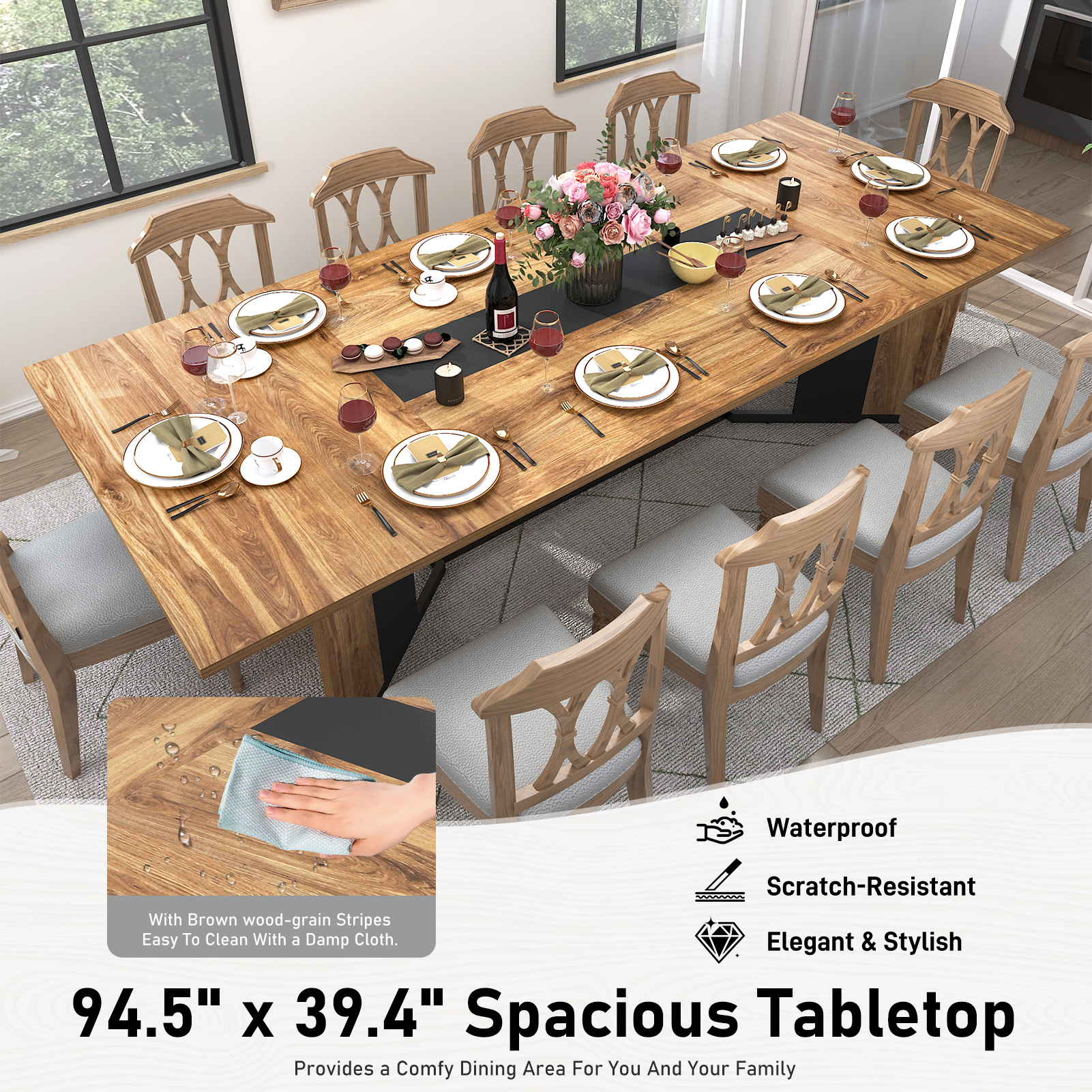 78 inch Large Rectangular Dining Table for 8-10 People, Dining Table with Marble-Color Wood Waterproof Tabletop and Adjustable Leg, 6.5ft Luxurious Family Dinner Table for Office Kitchen Living Room
