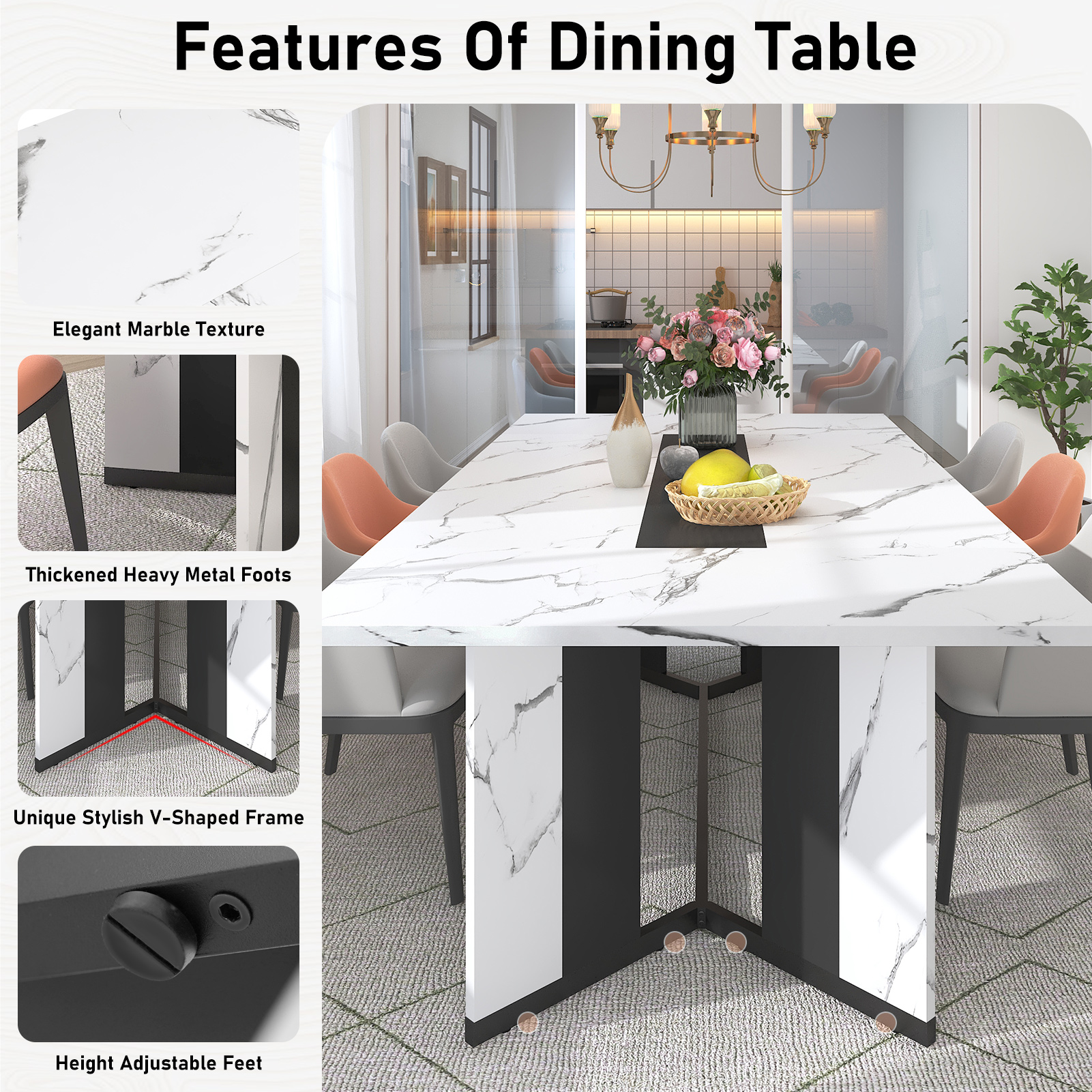 78 inch Large Rectangular Dining Table for 8-10 People, Dining Table with Marble-Color Wood Waterproof Tabletop and Adjustable Leg, 6.5ft Luxurious Family Dinner Table for Office Kitchen Living Room