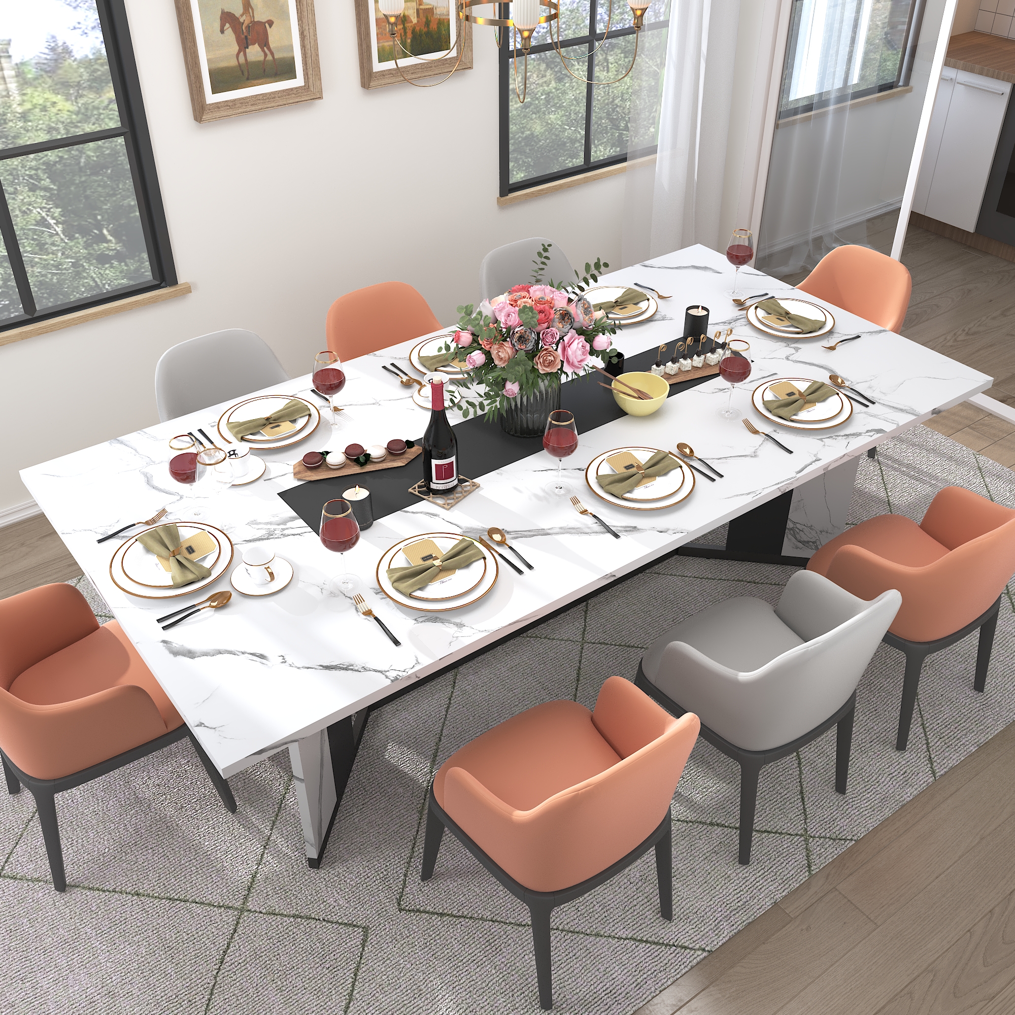 78 inch Large Rectangular Dining Table for 8-10 People, Dining Table with Marble-Color Wood Waterproof Tabletop and Adjustable Leg, 6.5ft Luxurious Family Dinner Table for Office Kitchen Living Room