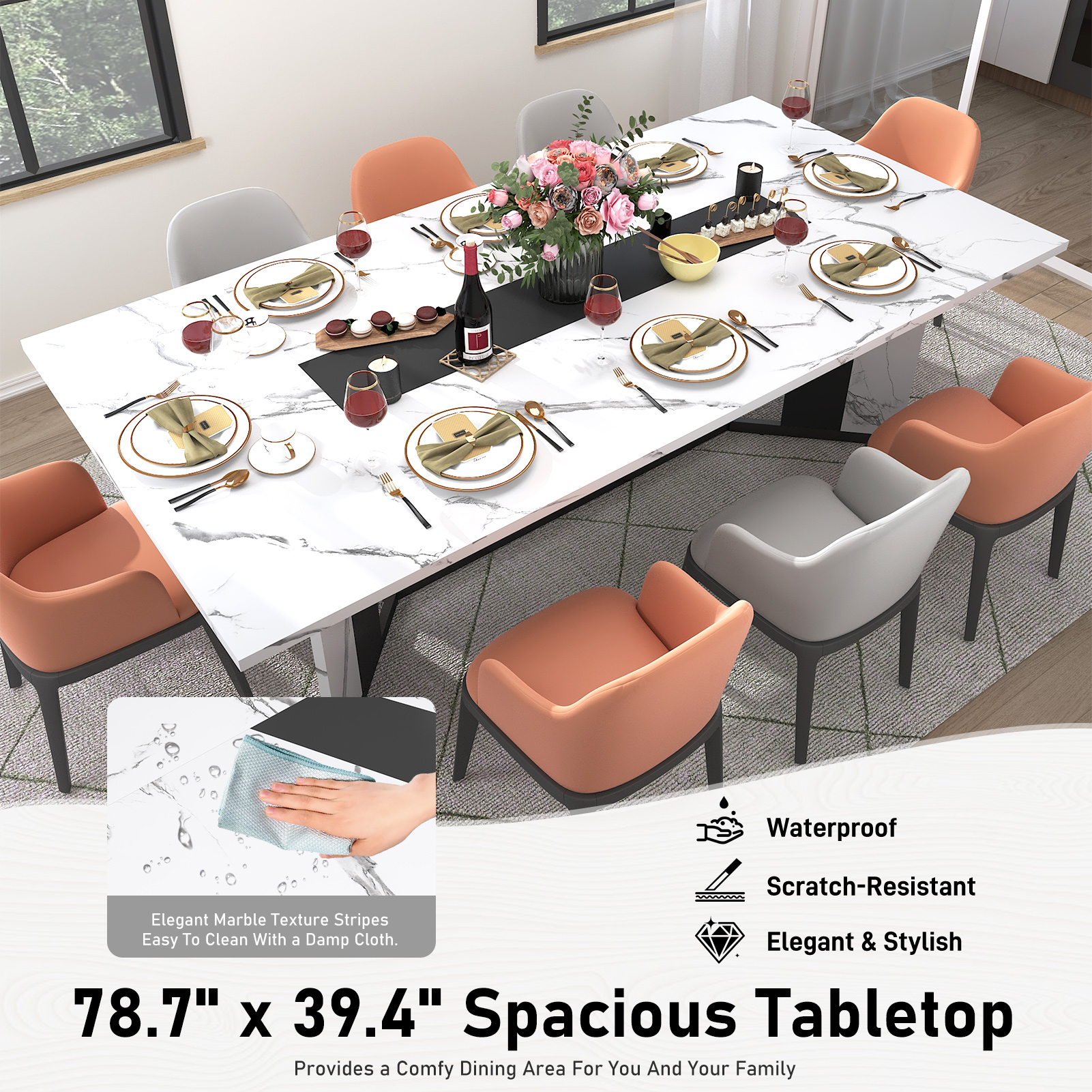 78 inch Large Rectangular Dining Table for 8-10 People, Dining Table with Marble-Color Wood Waterproof Tabletop and Adjustable Leg, 6.5ft Luxurious Family Dinner Table for Office Kitchen Living Room