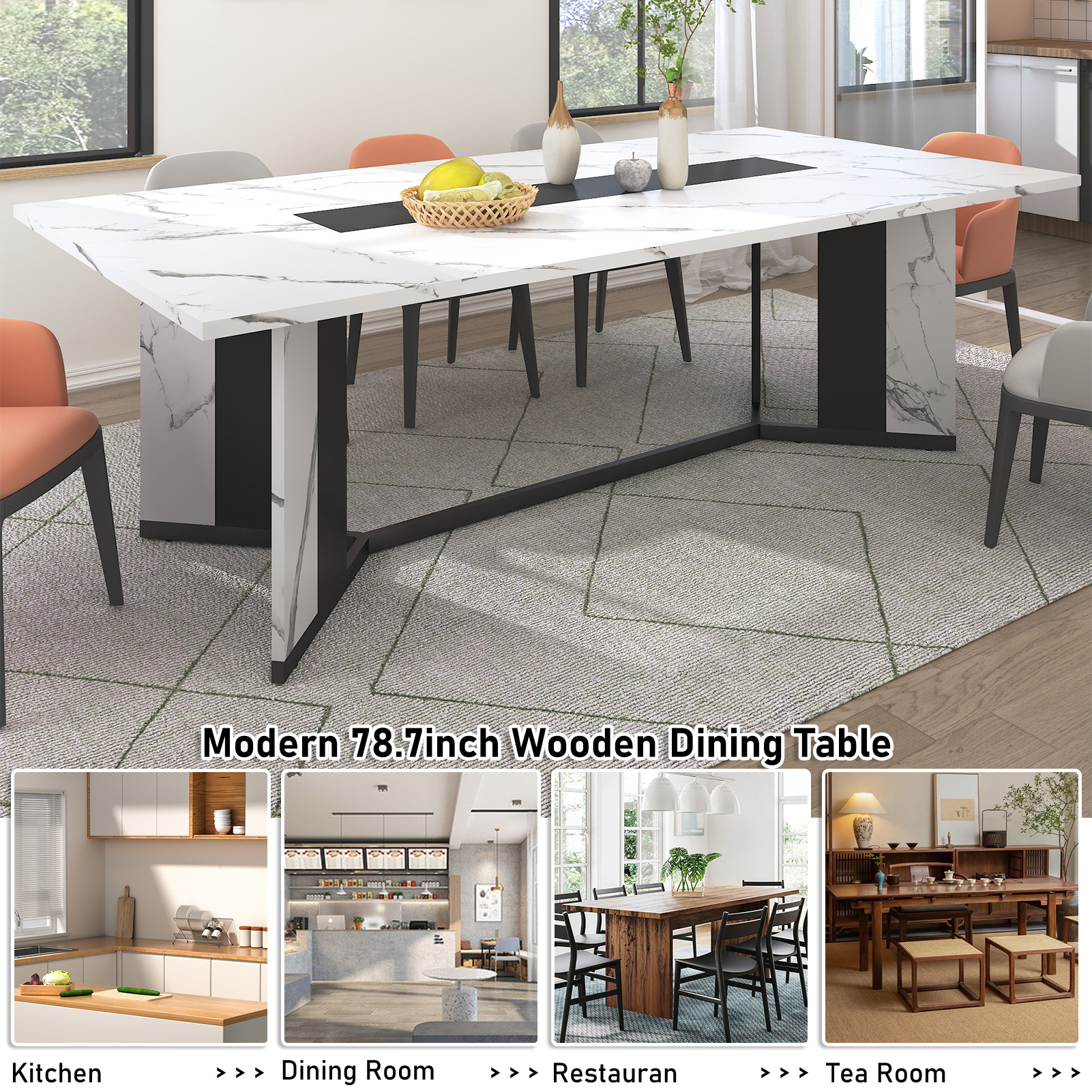 78 inch Large Rectangular Dining Table for 8-10 People, Dining Table with Marble-Color Wood Waterproof Tabletop and Adjustable Leg, 6.5ft Luxurious Family Dinner Table for Office Kitchen Living Room
