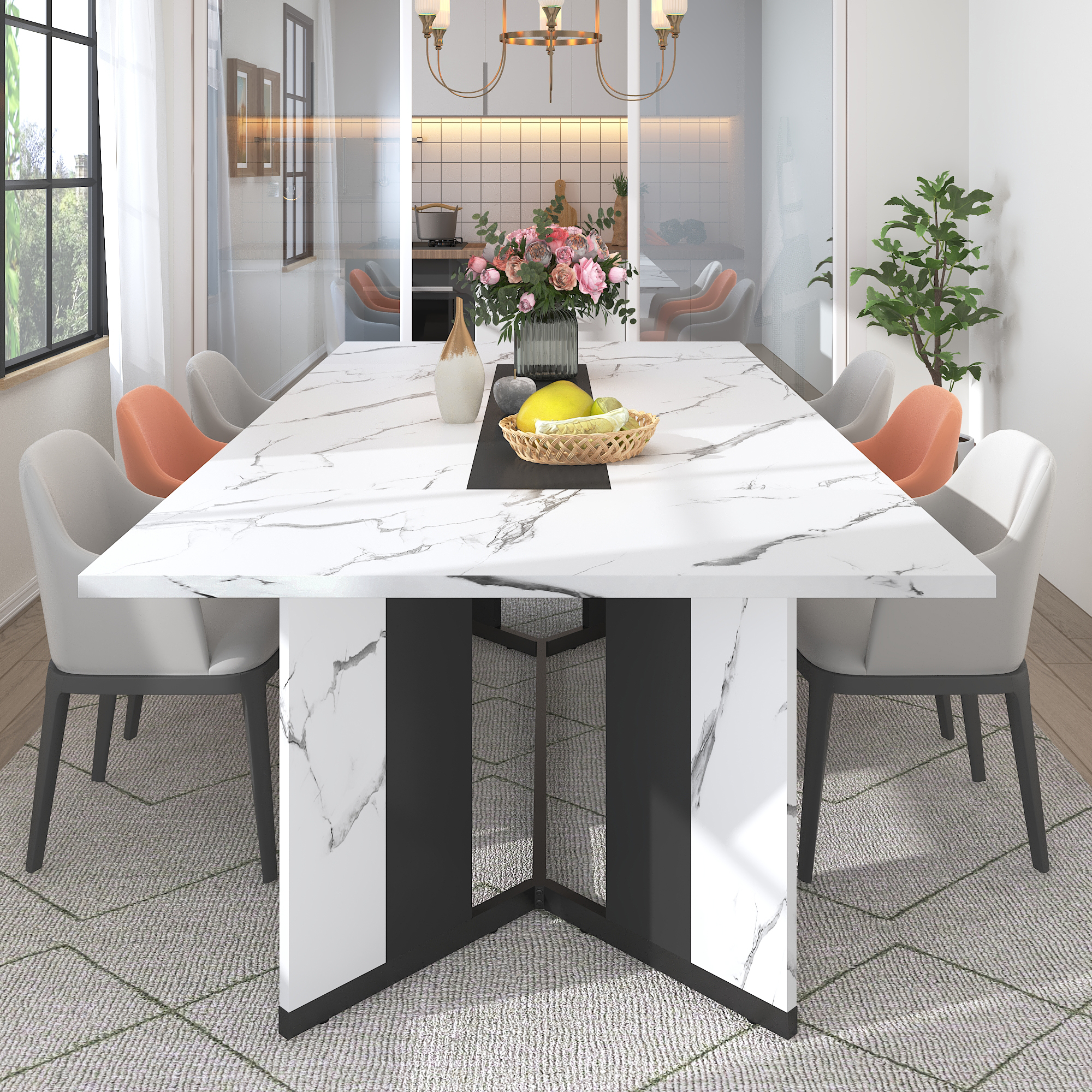 78 inch Large Rectangular Dining Table for 8-10 People, Dining Table with Marble-Color Wood Waterproof Tabletop and Adjustable Leg, 6.5ft Luxurious Family Dinner Table for Office Kitchen Living Room