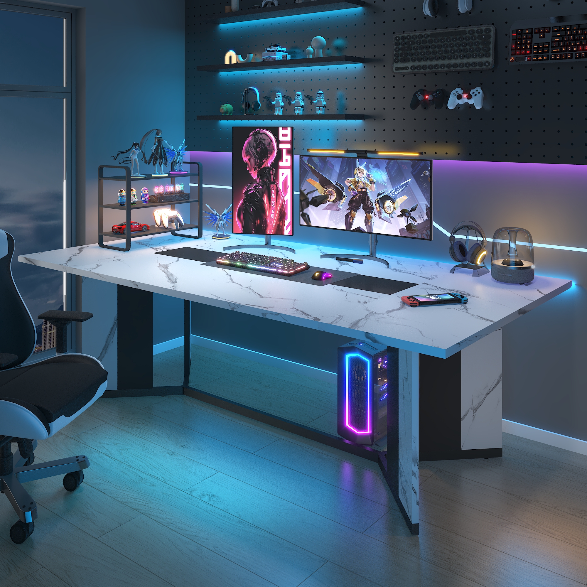 78 inch Large Rectangular Dining Table for 8-10 People, Dining Table with Marble-Color Wood Waterproof Tabletop and Adjustable Leg, 6.5ft Luxurious Family Dinner Table for Office Kitchen Living Room