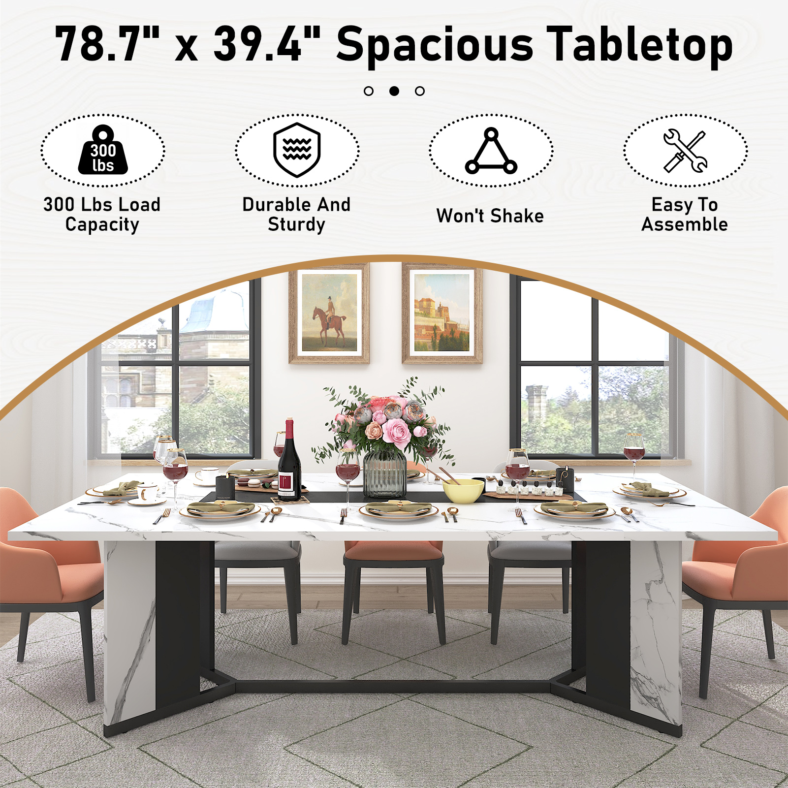 78 inch Large Rectangular Dining Table for 8-10 People, Dining Table with Marble-Color Wood Waterproof Tabletop and Adjustable Leg, 6.5ft Luxurious Family Dinner Table for Office Kitchen Living Room