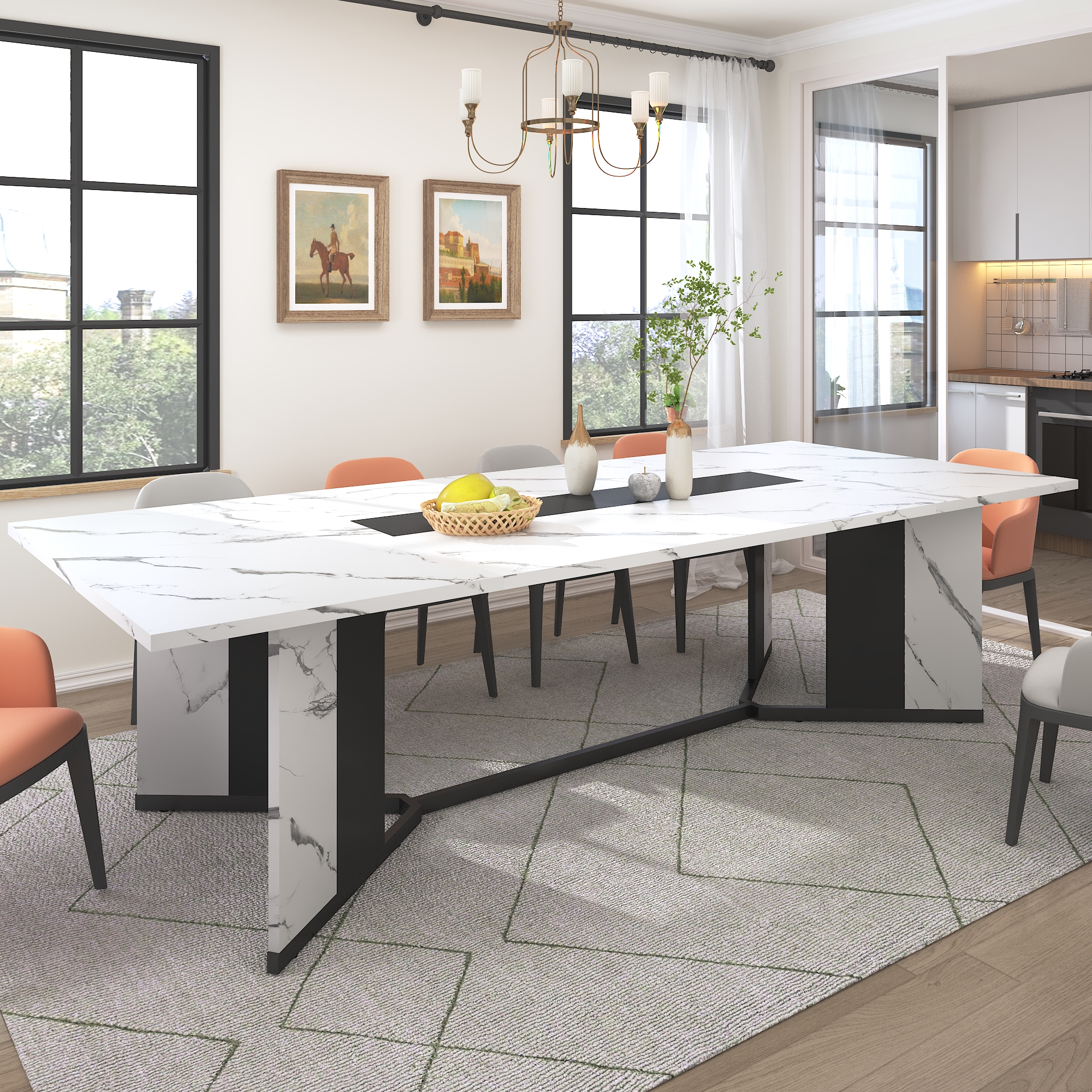 78 inch Large Rectangular Dining Table for 8-10 People, Dining Table with Marble-Color Wood Waterproof Tabletop and Adjustable Leg, 6.5ft Luxurious Family Dinner Table for Office Kitchen Living Room