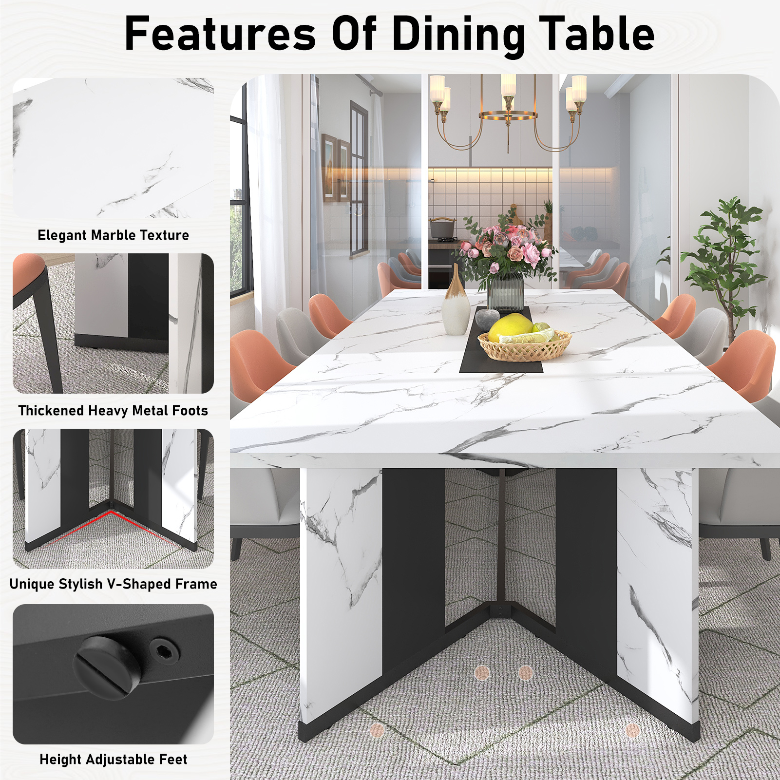 78 inch Large Rectangular Dining Table for 8-10 People, Dining Table with Marble-Color Wood Waterproof Tabletop and Adjustable Leg, 6.5ft Luxurious Family Dinner Table for Office Kitchen Living Room