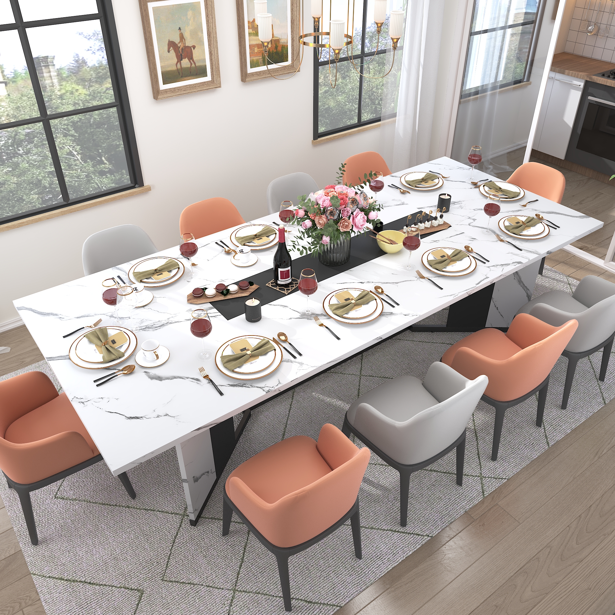 78 inch Large Rectangular Dining Table for 8-10 People, Dining Table with Marble-Color Wood Waterproof Tabletop and Adjustable Leg, 6.5ft Luxurious Family Dinner Table for Office Kitchen Living Room