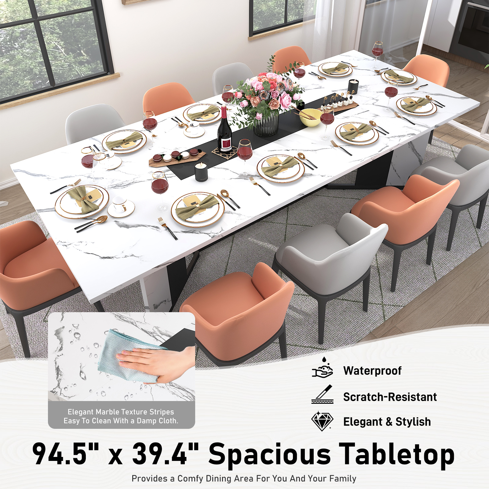 78 inch Large Rectangular Dining Table for 8-10 People, Dining Table with Marble-Color Wood Waterproof Tabletop and Adjustable Leg, 6.5ft Luxurious Family Dinner Table for Office Kitchen Living Room