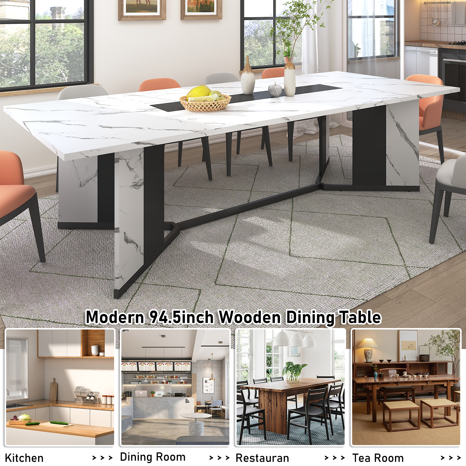 78 inch Large Rectangular Dining Table for 8-10 People, Dining Table with Marble-Color Wood Waterproof Tabletop and Adjustable Leg, 6.5ft Luxurious Family Dinner Table for Office Kitchen Living Room