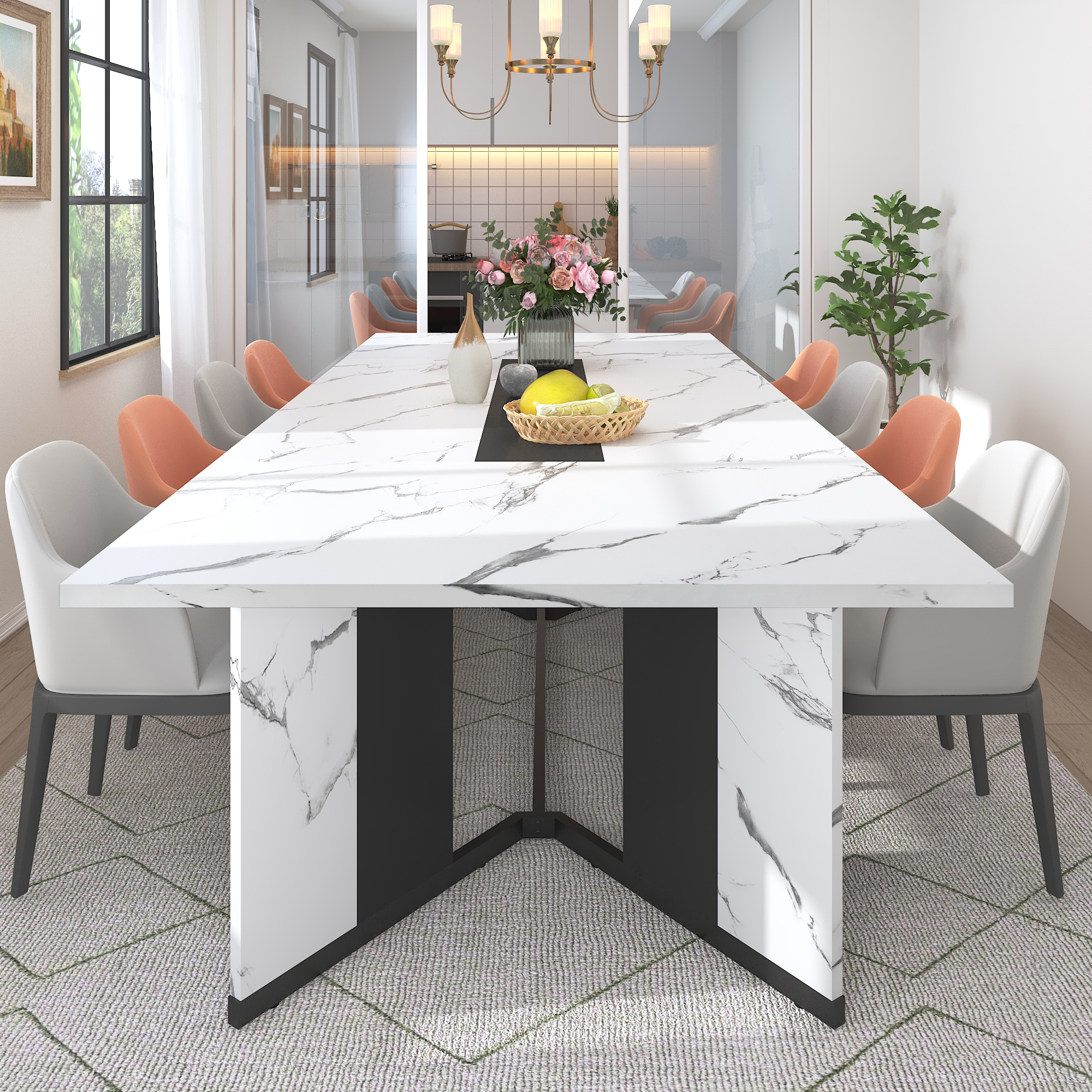 78 inch Large Rectangular Dining Table for 8-10 People, Dining Table with Marble-Color Wood Waterproof Tabletop and Adjustable Leg, 6.5ft Luxurious Family Dinner Table for Office Kitchen Living Room