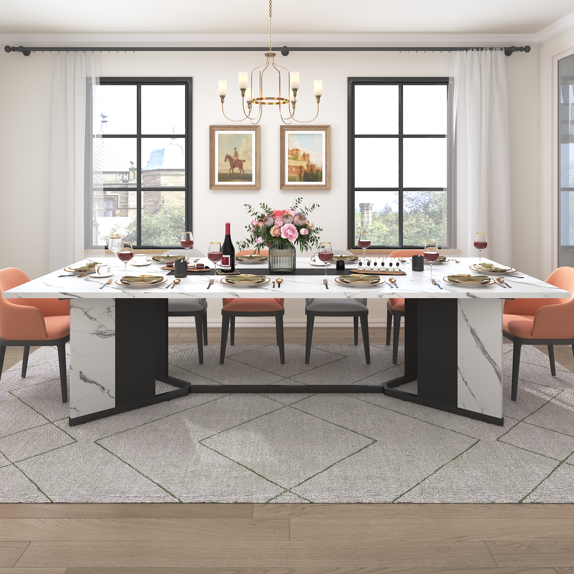 78 inch Large Rectangular Dining Table for 8-10 People, Dining Table with Marble-Color Wood Waterproof Tabletop and Adjustable Leg, 6.5ft Luxurious Family Dinner Table for Office Kitchen Living Room