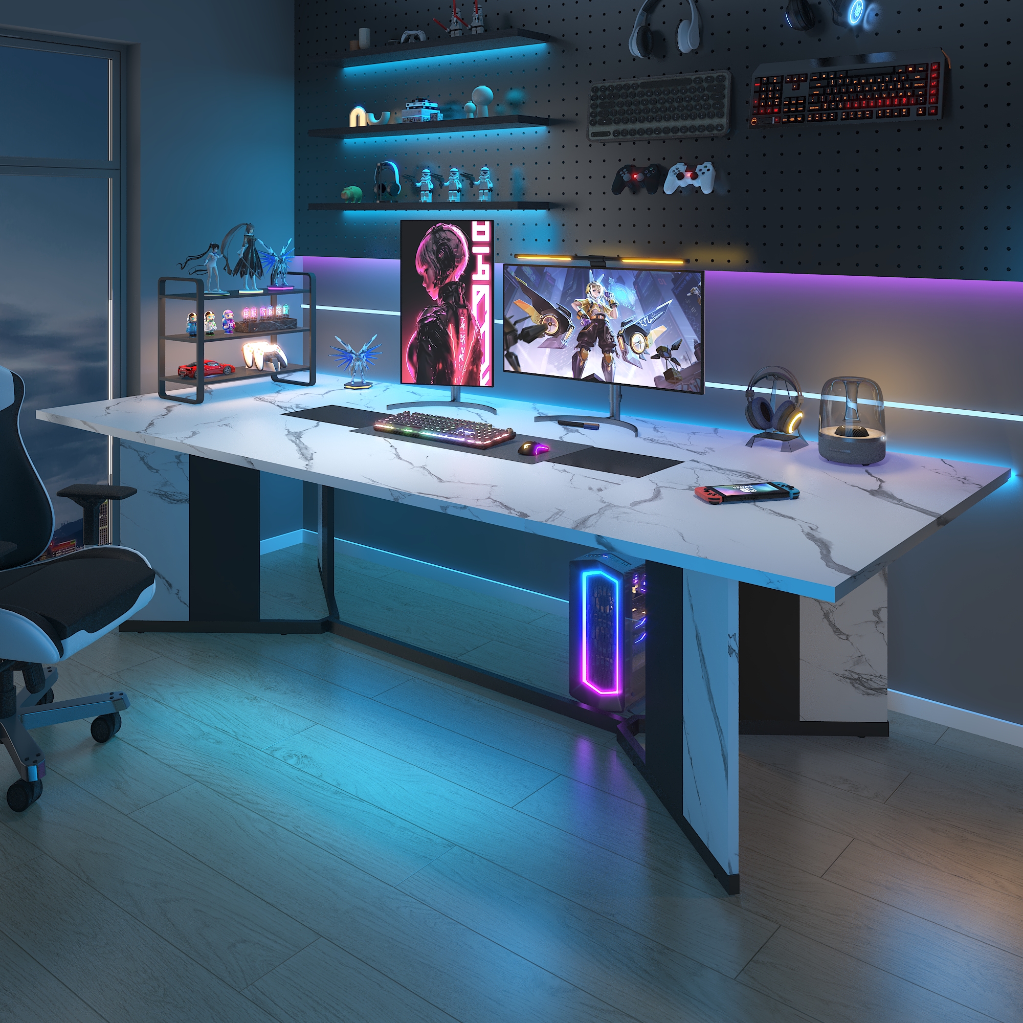 78 inch Large Rectangular Dining Table for 8-10 People, Dining Table with Marble-Color Wood Waterproof Tabletop and Adjustable Leg, 6.5ft Luxurious Family Dinner Table for Office Kitchen Living Room