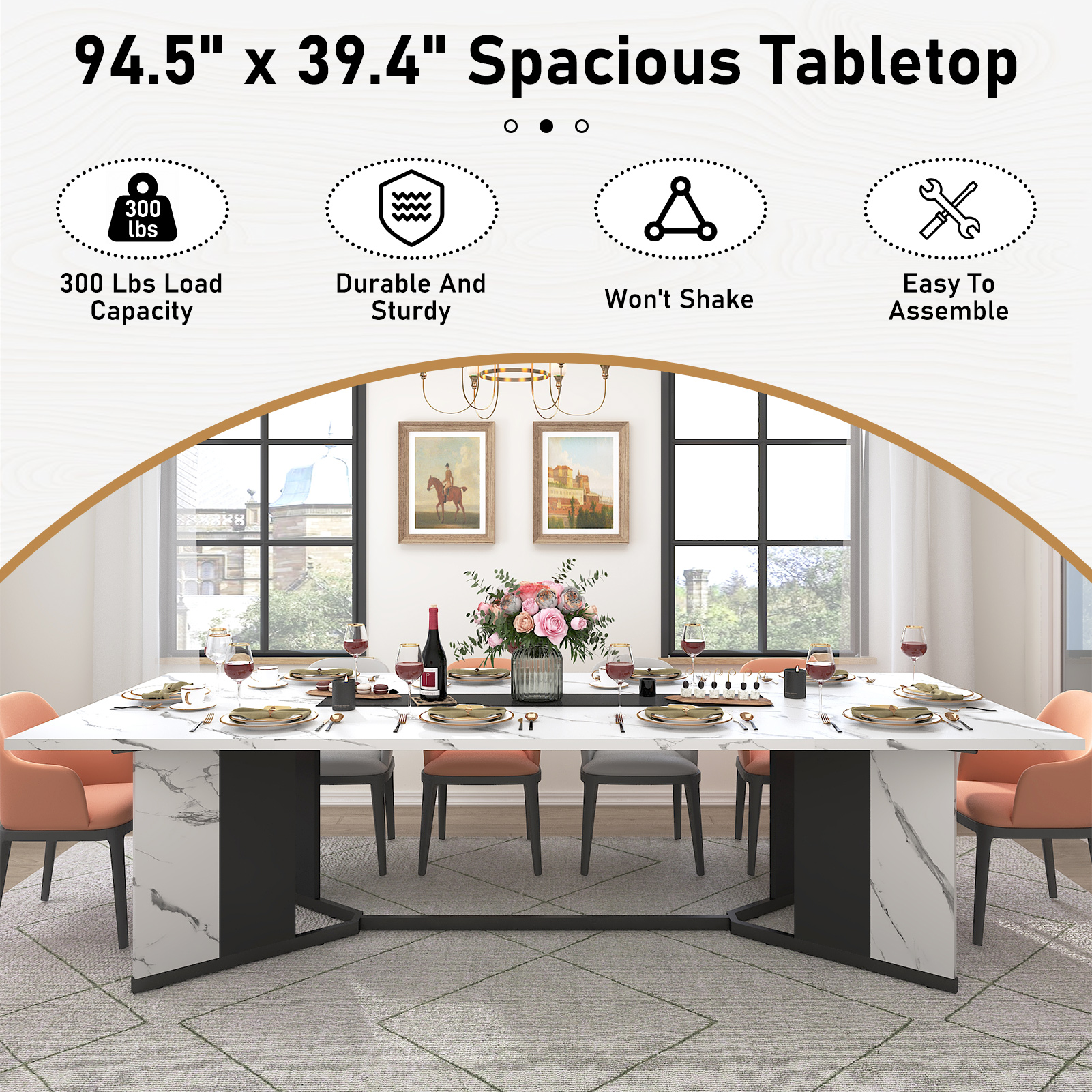 78 inch Large Rectangular Dining Table for 8-10 People, Dining Table with Marble-Color Wood Waterproof Tabletop and Adjustable Leg, 6.5ft Luxurious Family Dinner Table for Office Kitchen Living Room