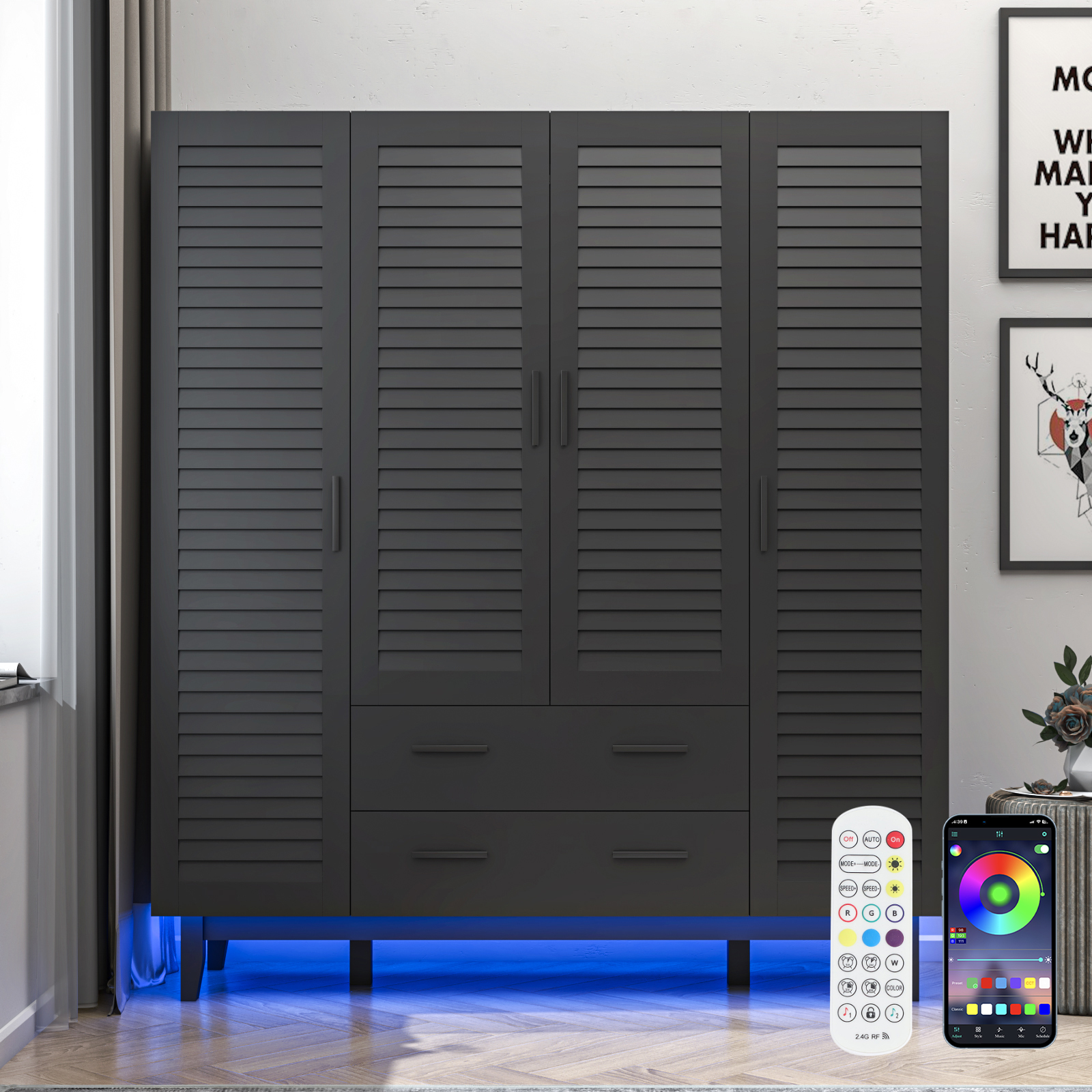 ChVans 71" Tall Armoire Wardrobe with Mirror & LED Lights , 4 Door Wood Wardrobe Armoire with 2 Large Drawers & Multi-Layer Shelves and Hanging Rod, Large Capacity Louver Storage Cabinet, Black