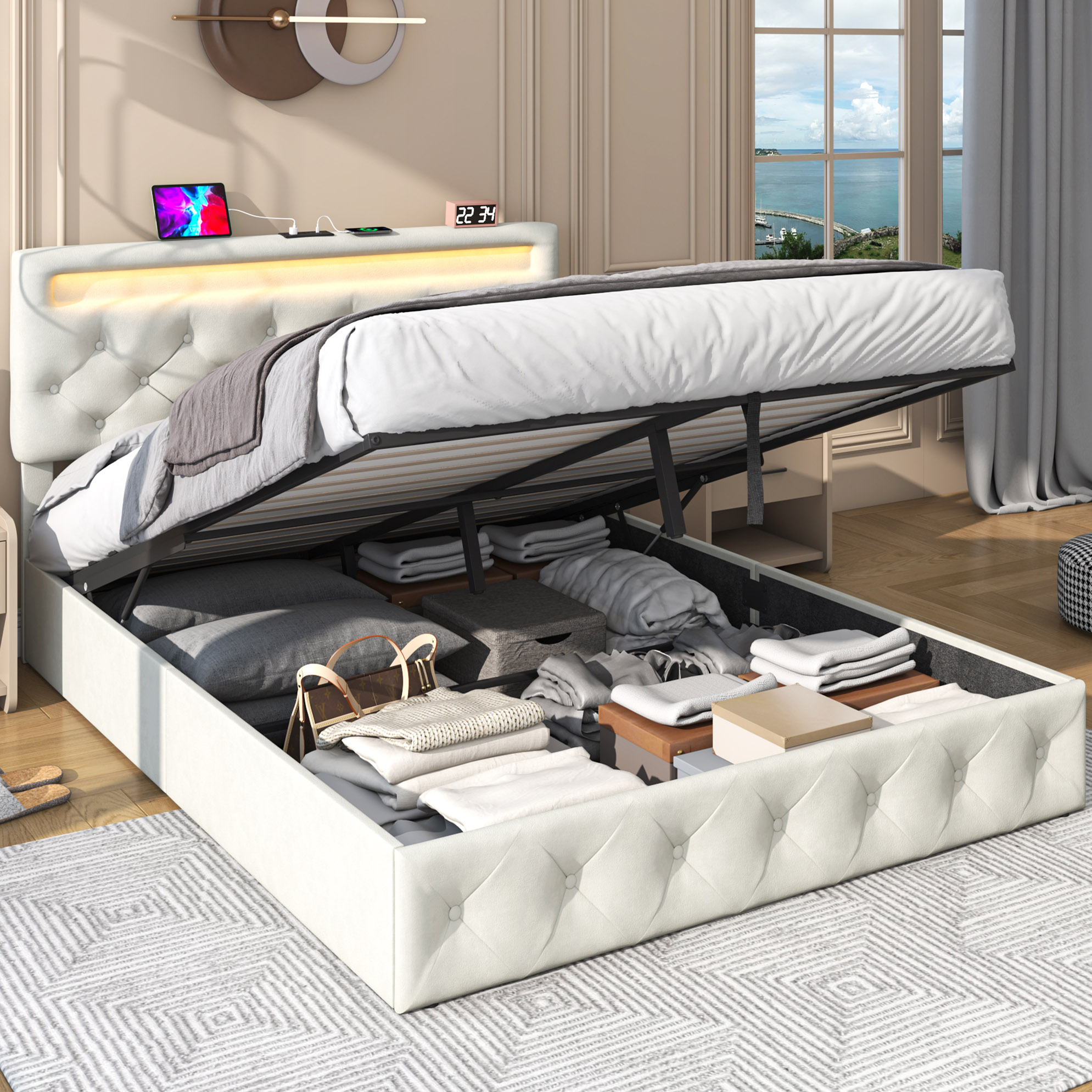 ChVans Lift Up Storage Bed Frame, LED Upholstered Platform Bed with Power Charging Station, Velvet Button Tufted Headboard