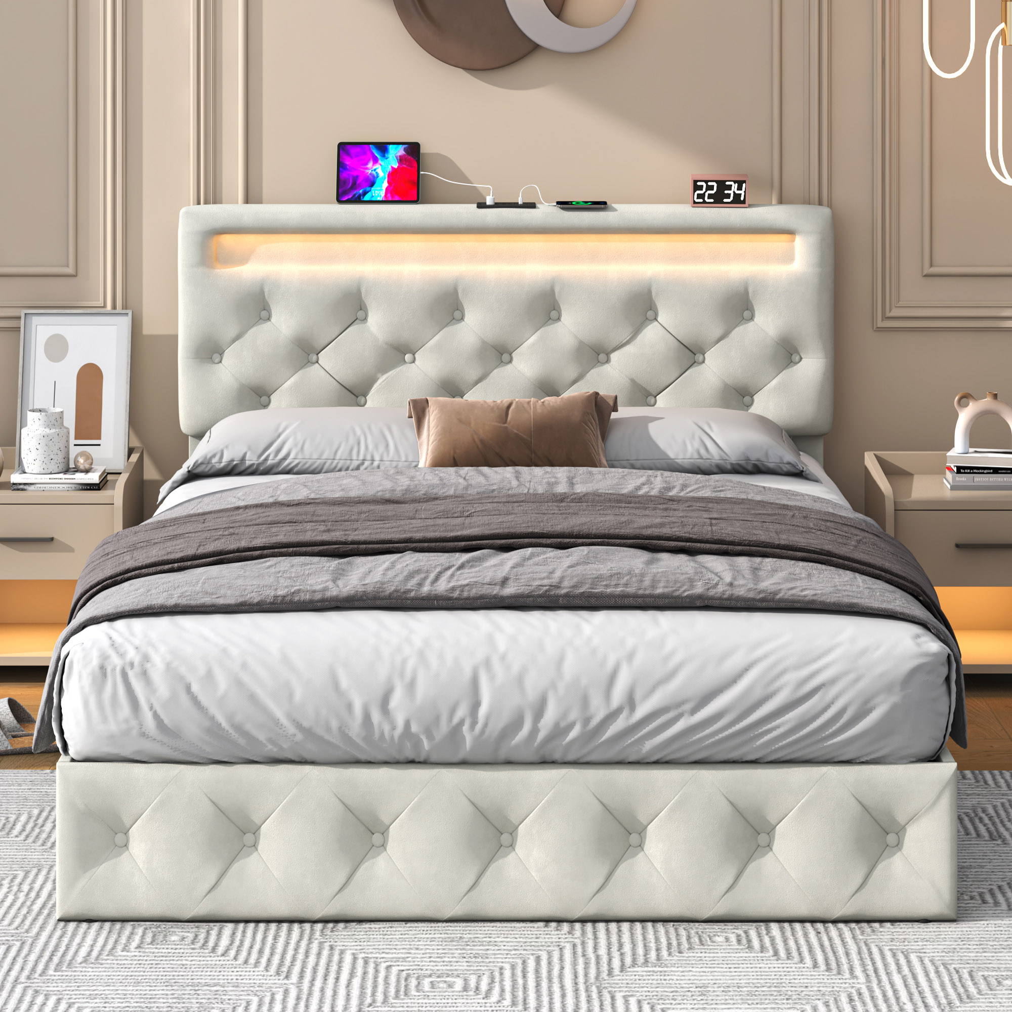 ChVans Lift Up Storage Bed Frame, LED Upholstered Platform Bed with Power Charging Station, Velvet Button Tufted Headboard