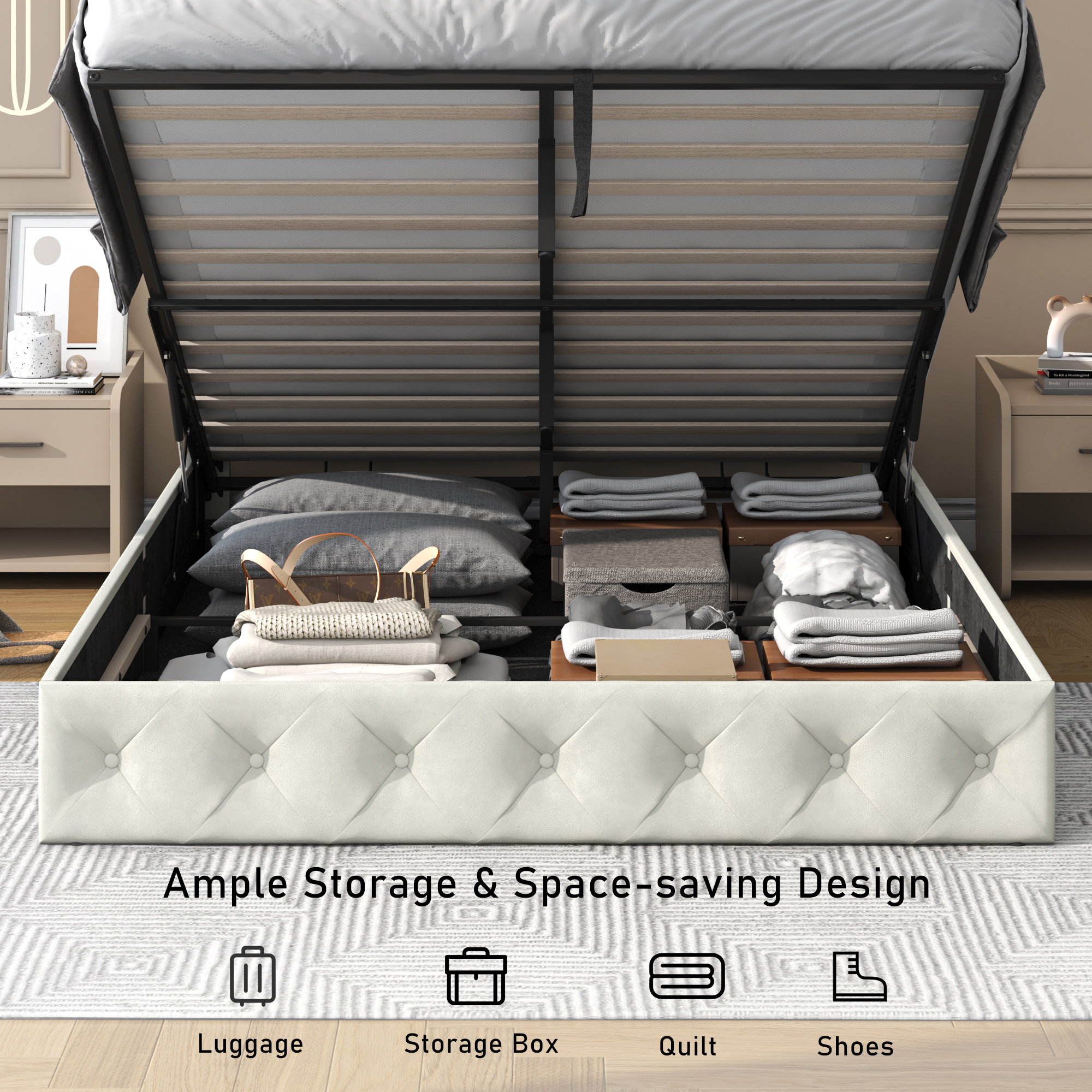 ChVans Lift Up Storage Bed Frame, LED Upholstered Platform Bed with Power Charging Station, Velvet Button Tufted Headboard