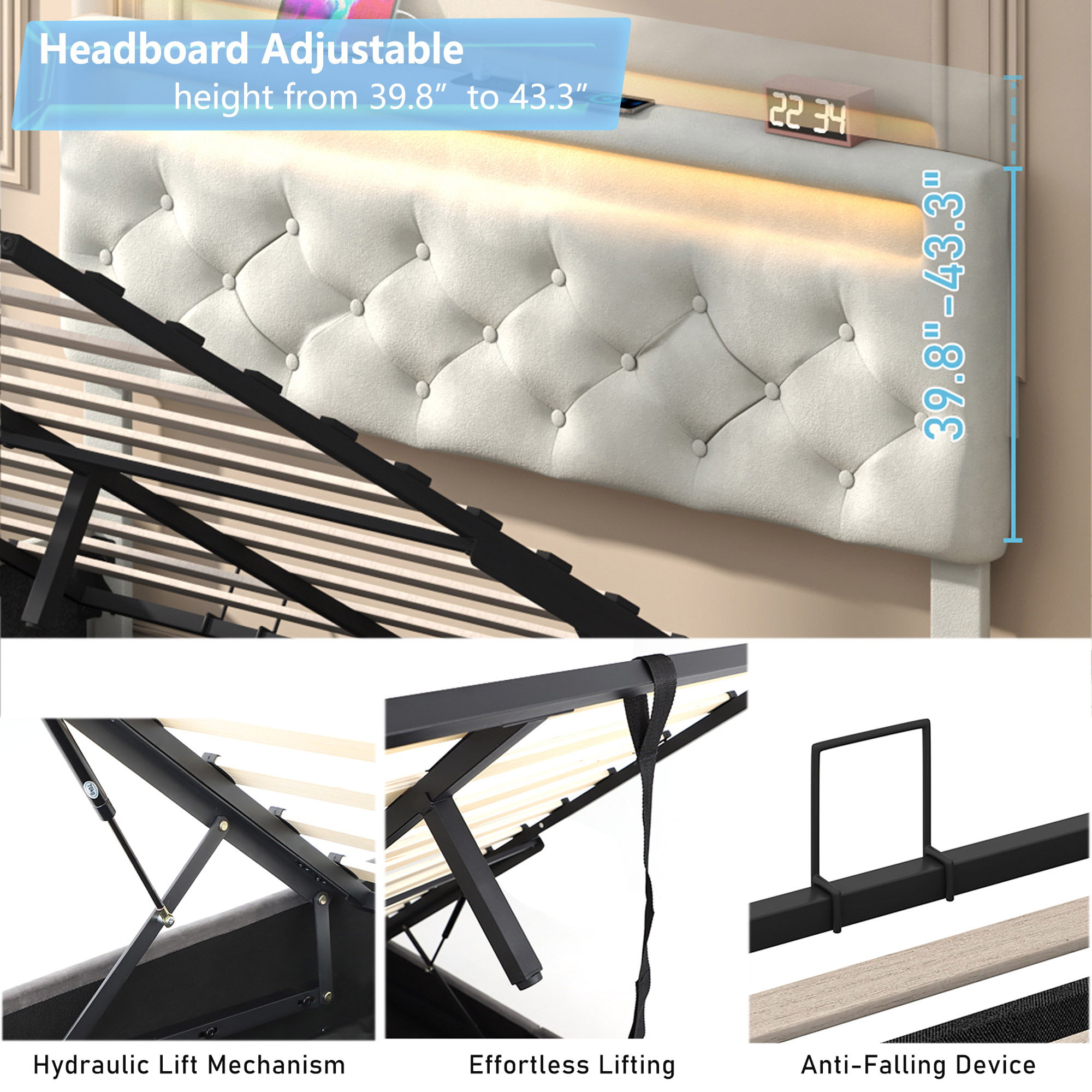 ChVans Lift Up Storage Bed Frame, LED Upholstered Platform Bed with Power Charging Station, Velvet Button Tufted Headboard